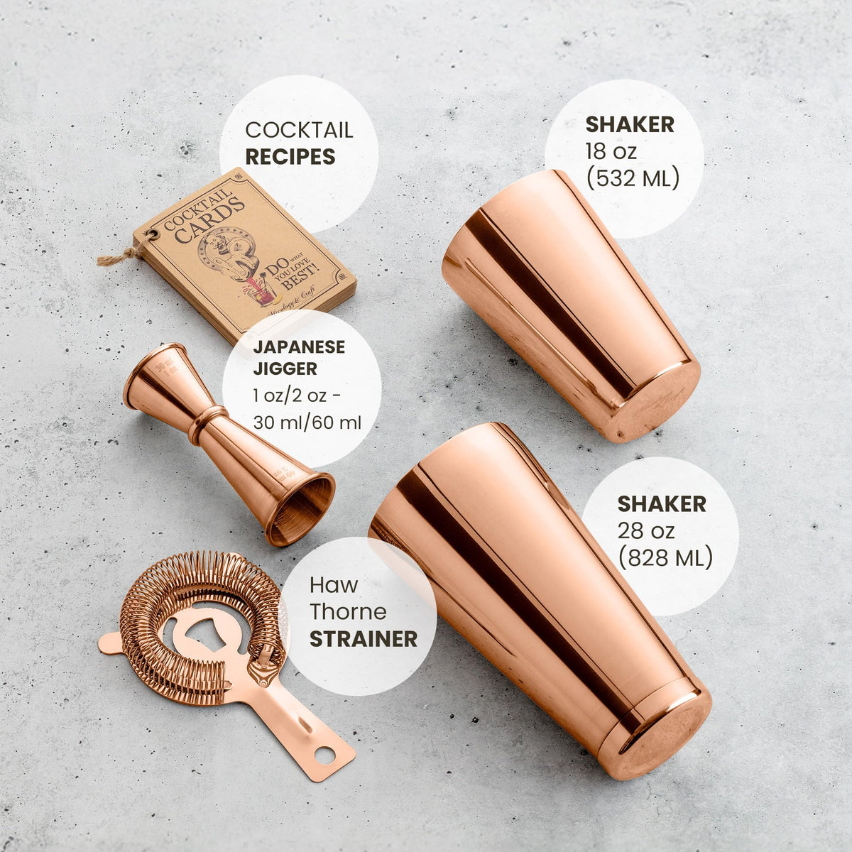 Mixology & Craft Cocktail Shaker Set Boston Shaker, Strainer and Japanese Jigger, Portable Bar Set for Home Bartending (Copper)