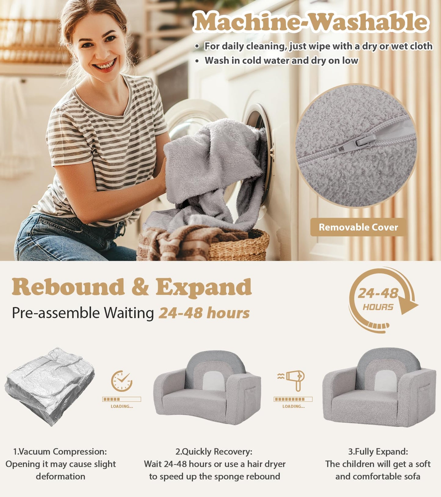 Foryoomi Kids Couch, 2-in-1 Soft Toddler Couch Fold Out with Blanket, Comfy Toddler Chair, Convertible Sofa, Gifts for Kids Girl Boys, Medium Grey Rainbow
