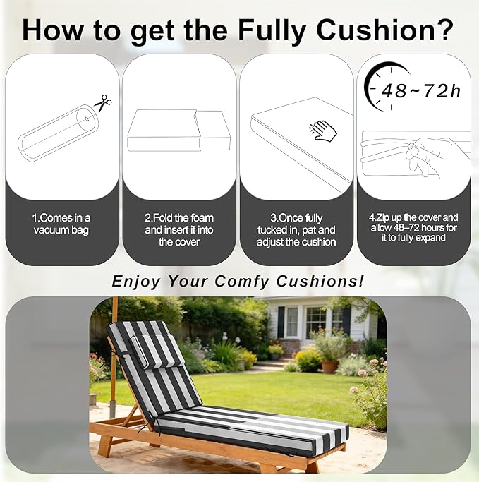 Chaise Lounge Cushions Outdoor 72x21x6 Inch, Fade Resistant 6'' Thicken Outdoor