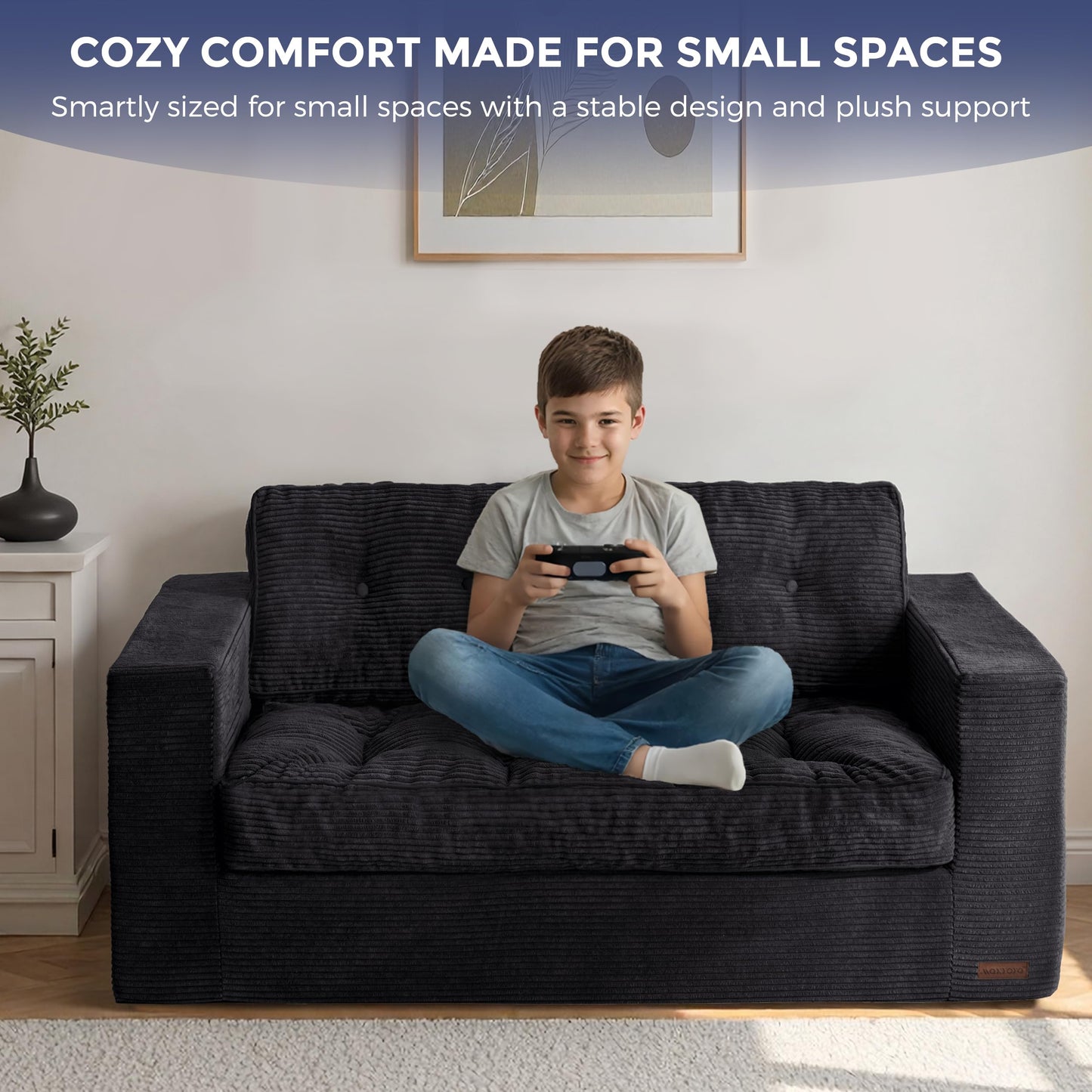 MAXYOYO Loveseat Sofa Couch, Upholstered Bean Bag Chair Cloud 2-Seat for Adults, Boneless Couch with Tufted Cushion & Pillows, Sofa in A Box, No Assembly Required, Black