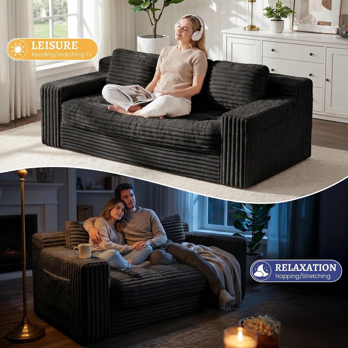 NLDD Boneless Couch, Cloud Loveseat Sofa Corduroy Couch in a Box, Upholstered Boneless 3 Seater Couch for Living Room Bedroom Office Apartment, No Assembly Required, Black