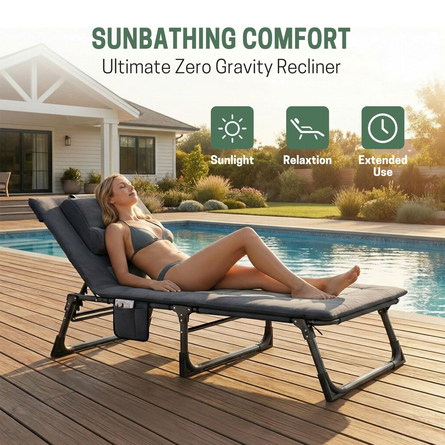 Mopaicot Folding Camping Cot for Adults, Adjustable 4-Position Reclining Chair with Mattress and Pillow, Lounge Chair Camp Cots Bed for Sleeping, Travel, Garden, Pool, or Office Nap (Gray)