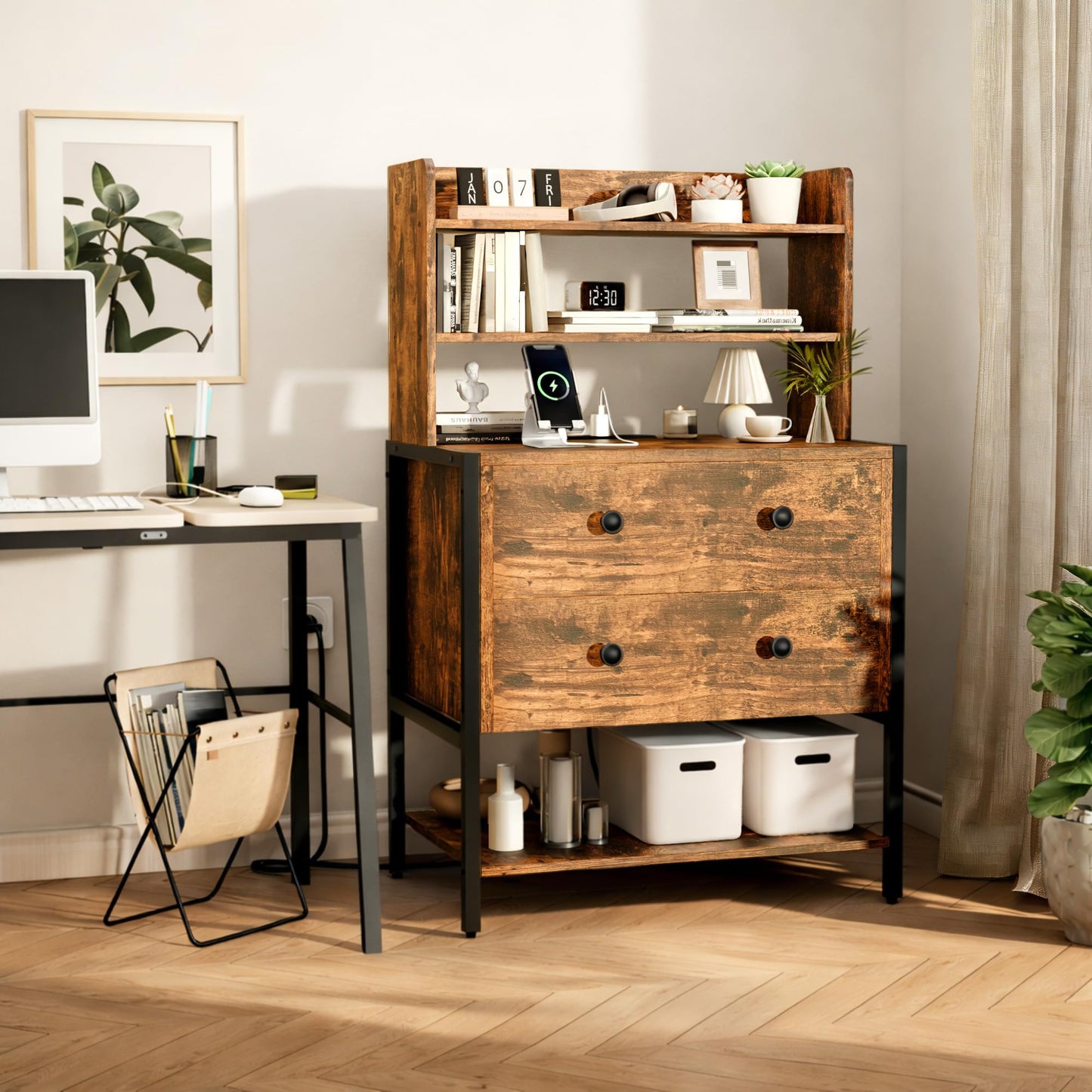 PATAVOT 24 Inch Wide Night Stand, Large Wooden Night Stand with 2 Adjustable Drawes, Tall Nightstand with 4-Tier Shelves and Charging Station, Bedside Table for Living Room/Bedroom/Office, Retro.