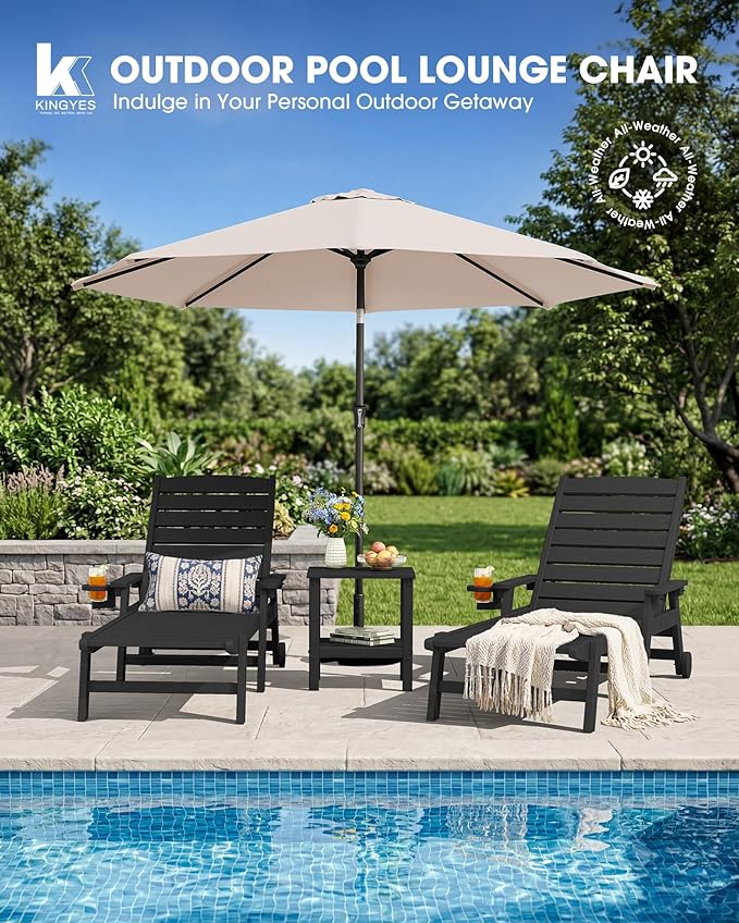 KINGYES HDPE Lounge Chair Outdoor Set of 4, Patio Chaise Lounge Recliner