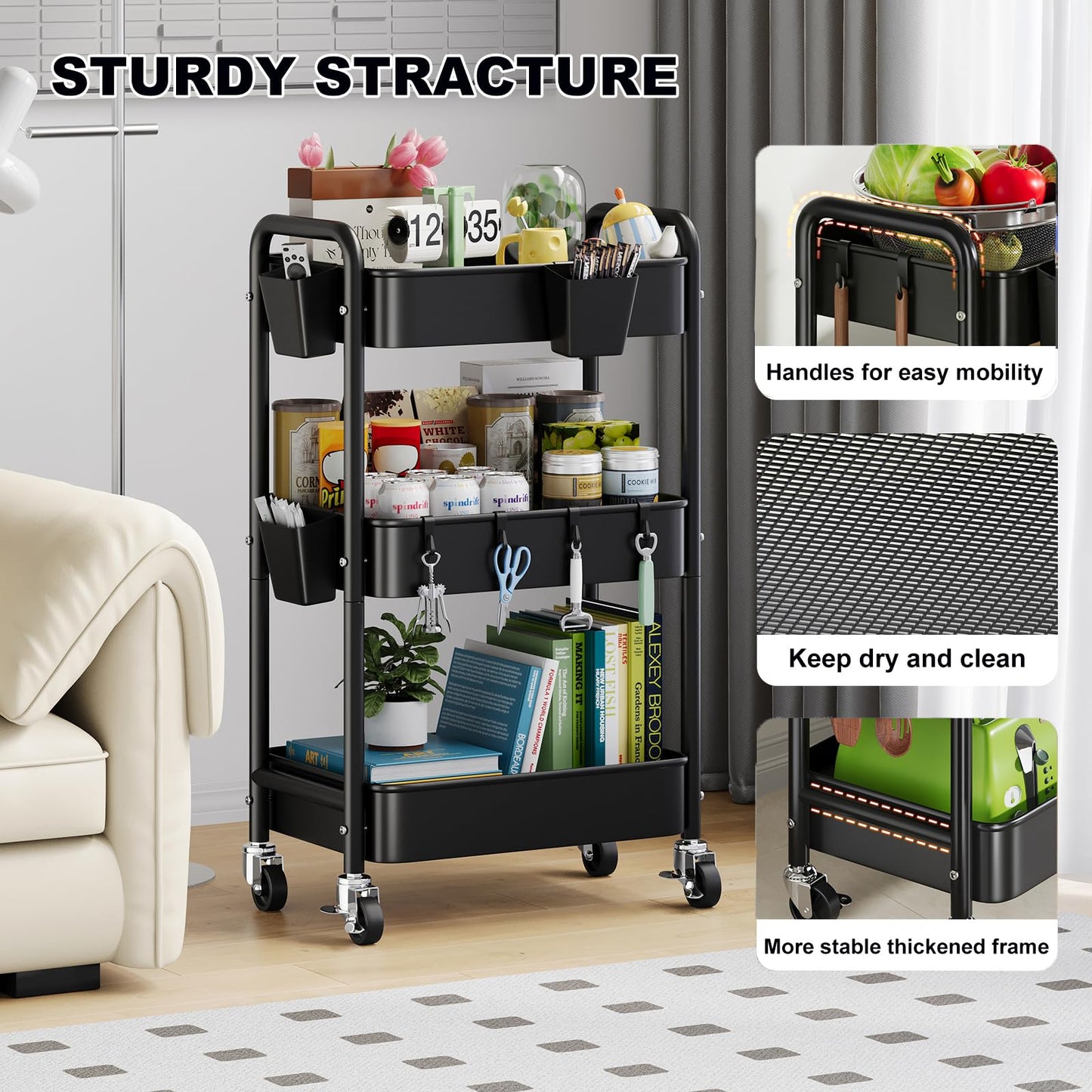 3 Tier Rolling Cart Metal with Wheels, Black Three Tiered Art Cart Organizer on Wheels, Storage Utility Trolley Carts for Kithcen, Craft, Nail, Lash, Makeup, Salon,Bedside, Bathroom, Office, Snack