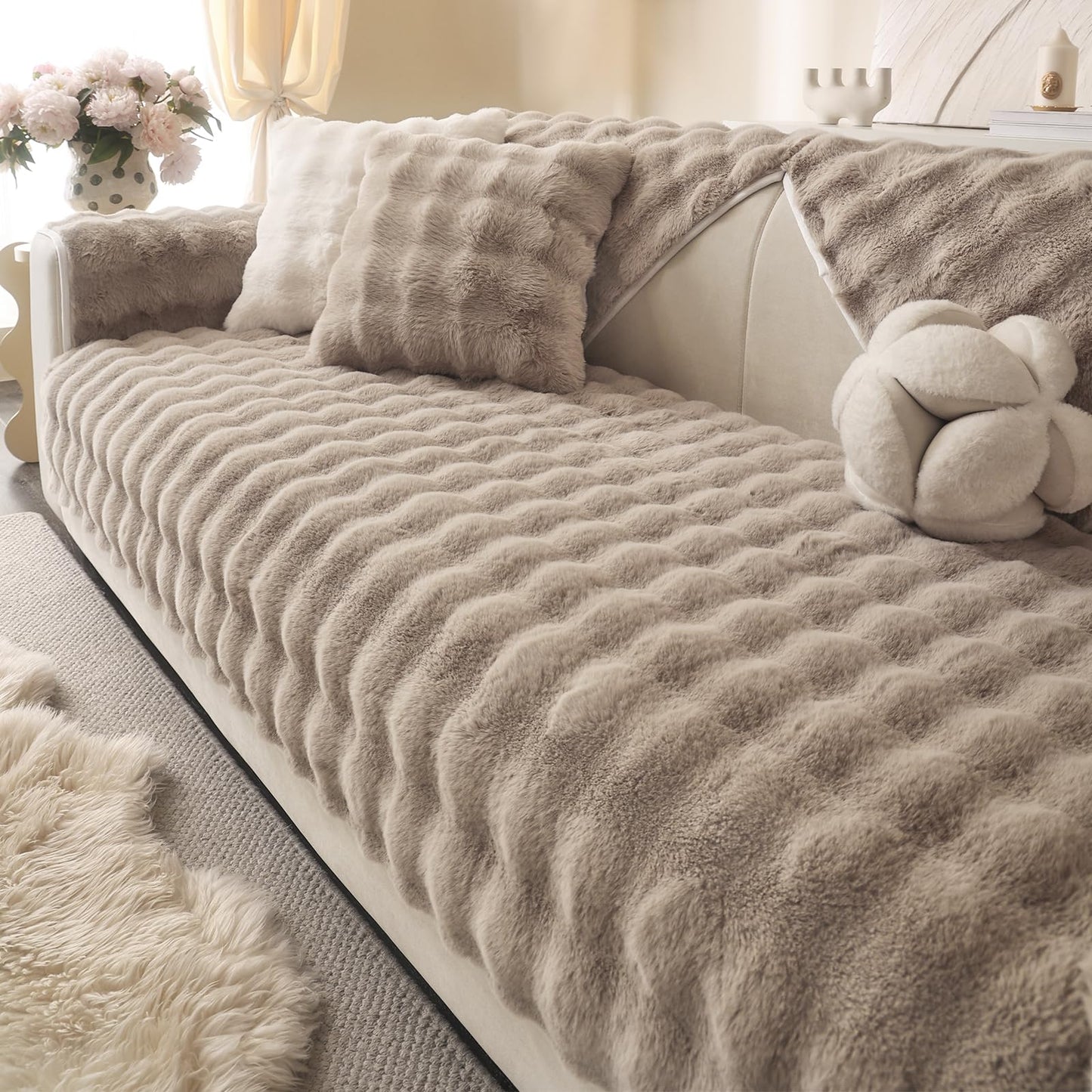 Aucrovee Soft Plush Faux Fur Couch Cover, Thick Warm Fuzzy Sectional Sofa Covers for 3 Cushion Couch Sofa L Sharped Sofa Non Slip Slipcover, Furniture Protector Covers for Pets(1 PCS 36"x94" Khaki)