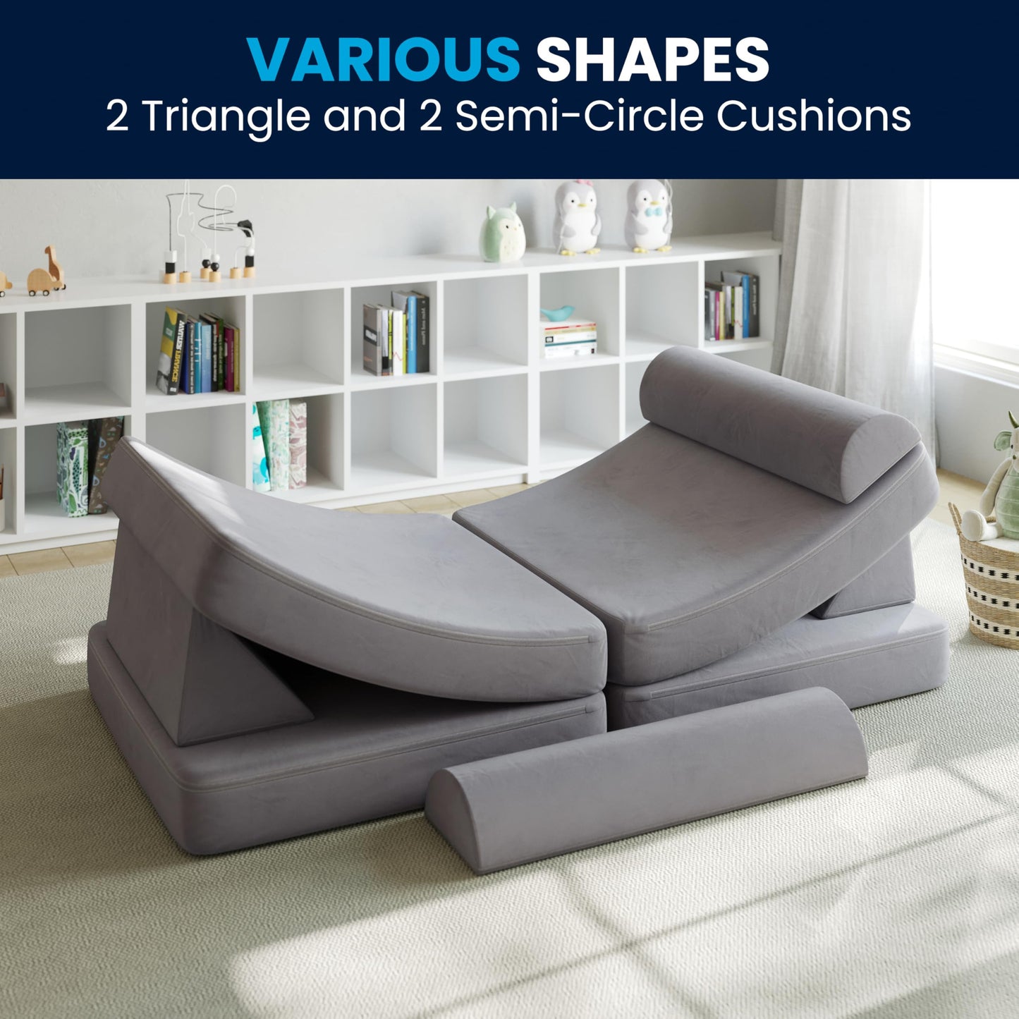 Flash Furniture Marlowe Modular Foam Kids Play Couch, 6 Soft Sectional Sofa Pieces, Convertible Kids Couch, Removable Covers, 56", Gray