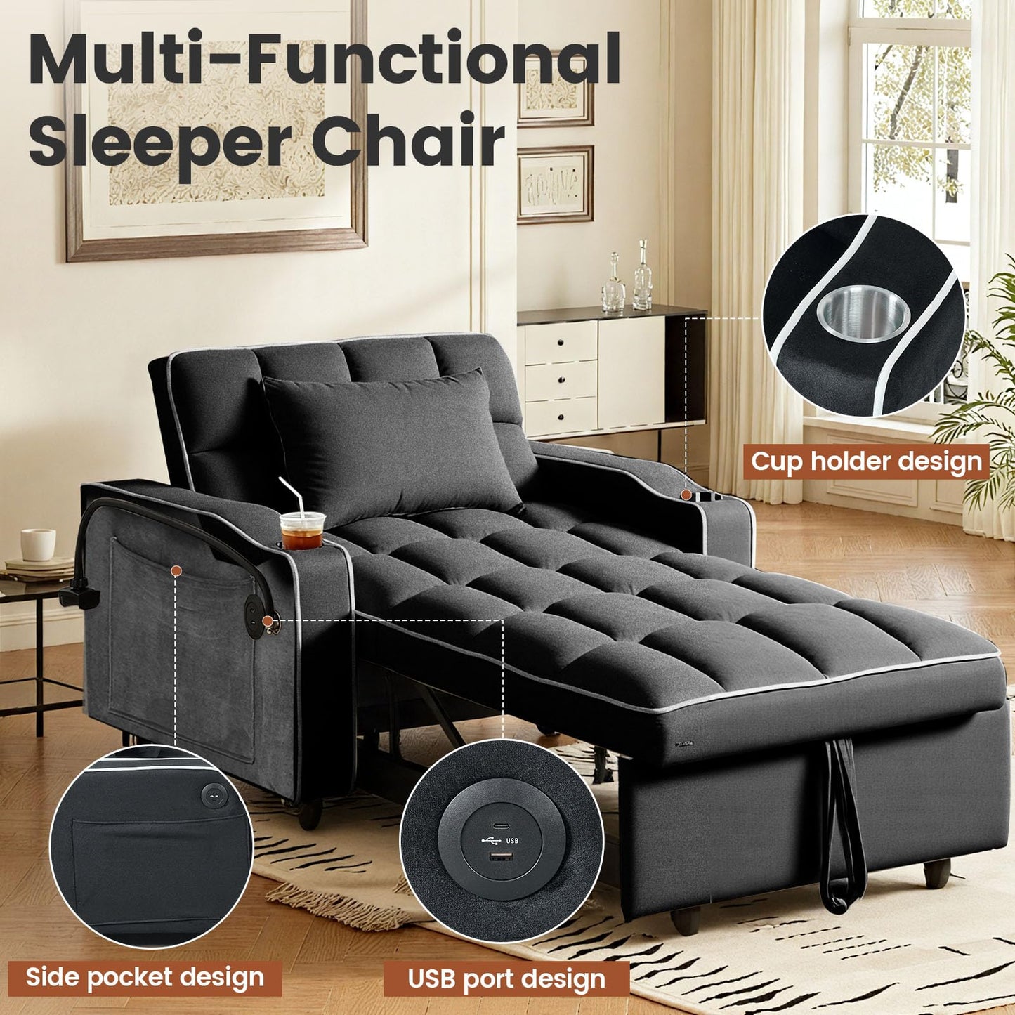 Trygoal Convertible Sleeper Chair Bed, Pull Out Chair Sleeper with Bracket and Cup Holder, Chairs Bed Sleepers for Adults, 3 in 1 Sofa Bed Chairs for Small Spaces, Living Room, Black