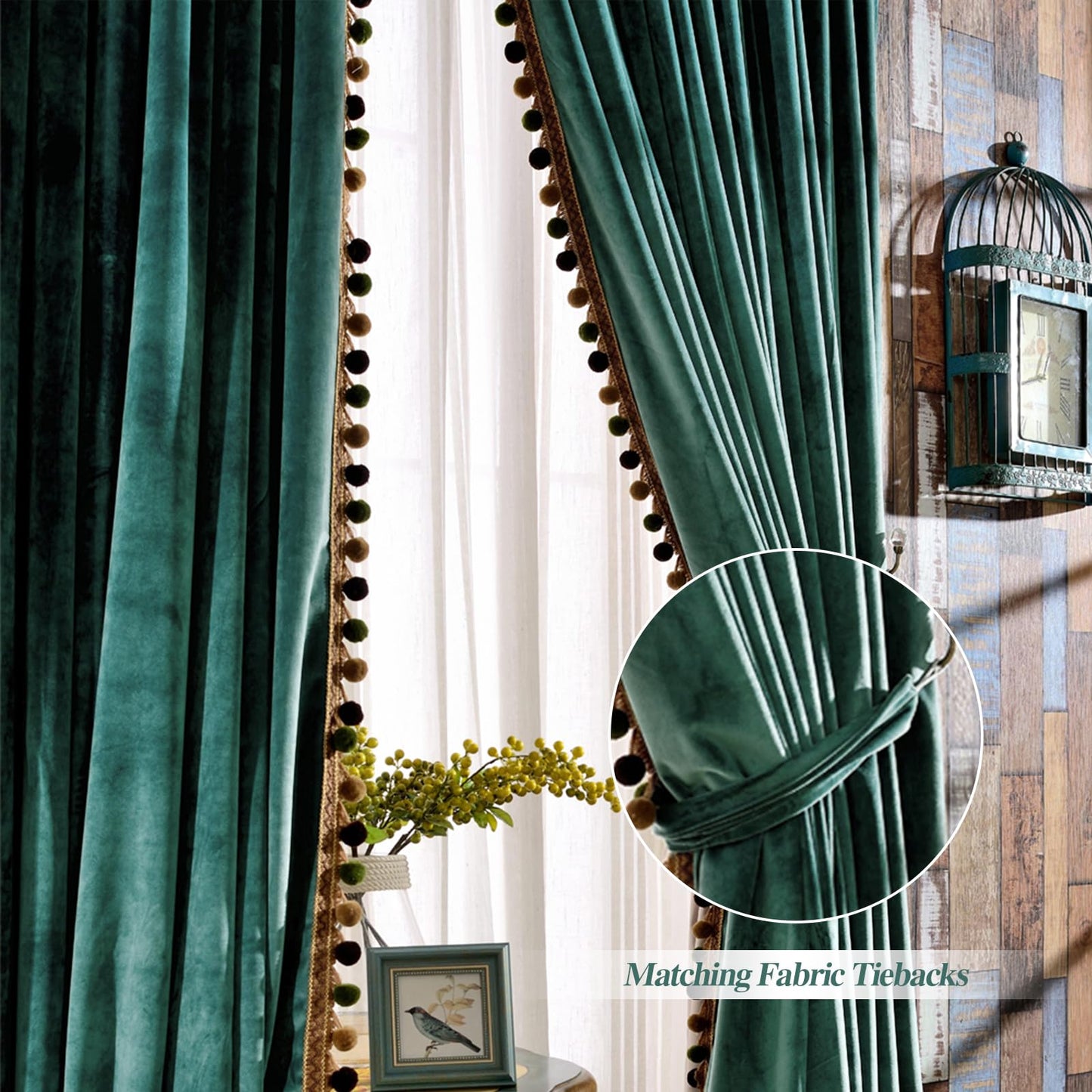 Melodieux Pom Poms Velvet Blackout Curtains for Bedroom Living Room, Vintage Luxury Thermal Insulated Rod Pocket Lined Drapes, 52" W x 84" L, Antique Green (2 Panels)