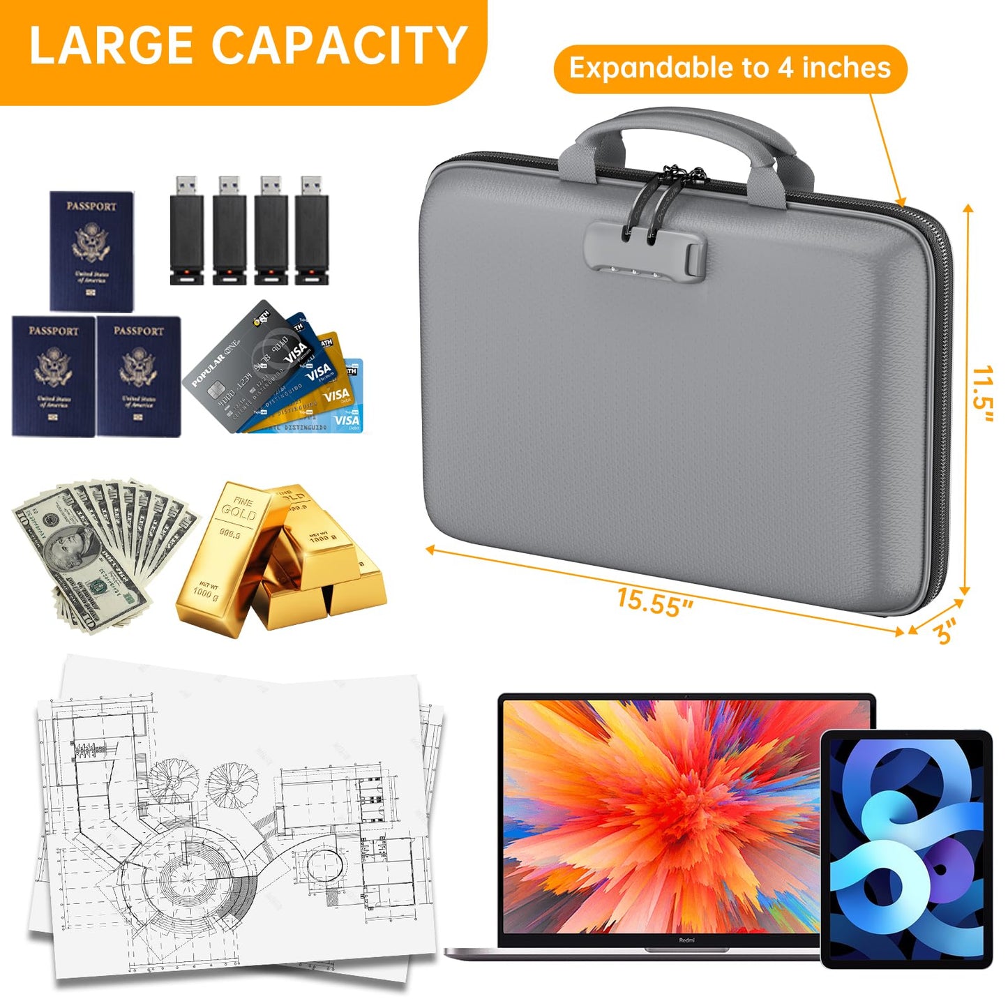 DocSafe Fireproof File Organizer with Lock, Hard-Shell Case Fireproof Document Box with 13 Pocket Accordion File Folder, Portable Home Office Travel Safe Storage for Important Documents Laptop Gray