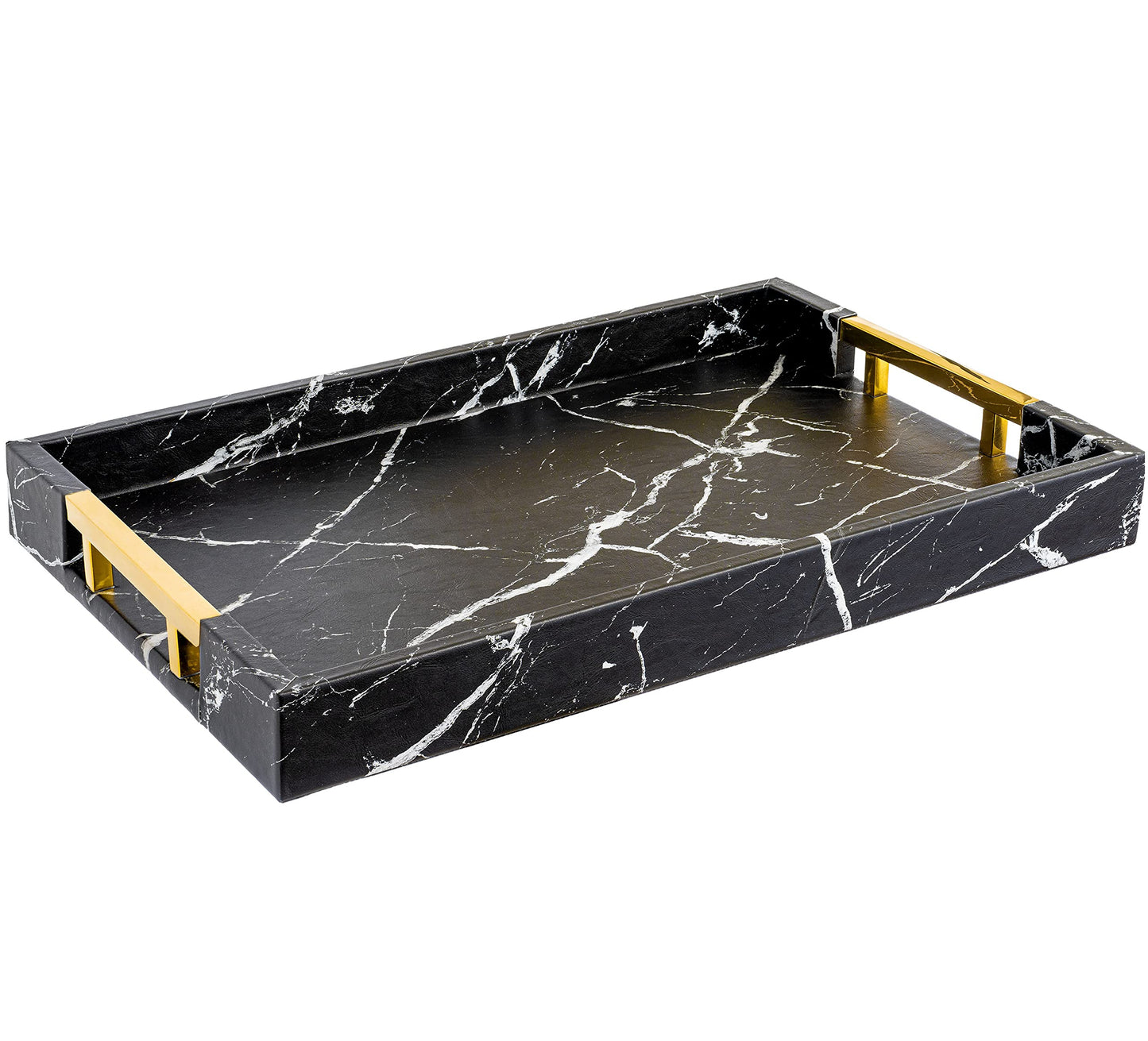 Home Redefined Modern Elegant 17.5"x12" Rectangle Black Marble Faux Leather Decorative Tray Ottoman Coffee Table Perfume Living Room Kitchen Serving Tray with Gold Polished Handles for All Occasion's