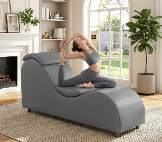 BALUS 60" Chaise Lounge Chair for Yoga Stretching, S-Shape Chair for Adults Exercising Relaxing, Faux Leather & Wooden Indoor Lounge for Living Room, Apartment, Office, Dark Grey