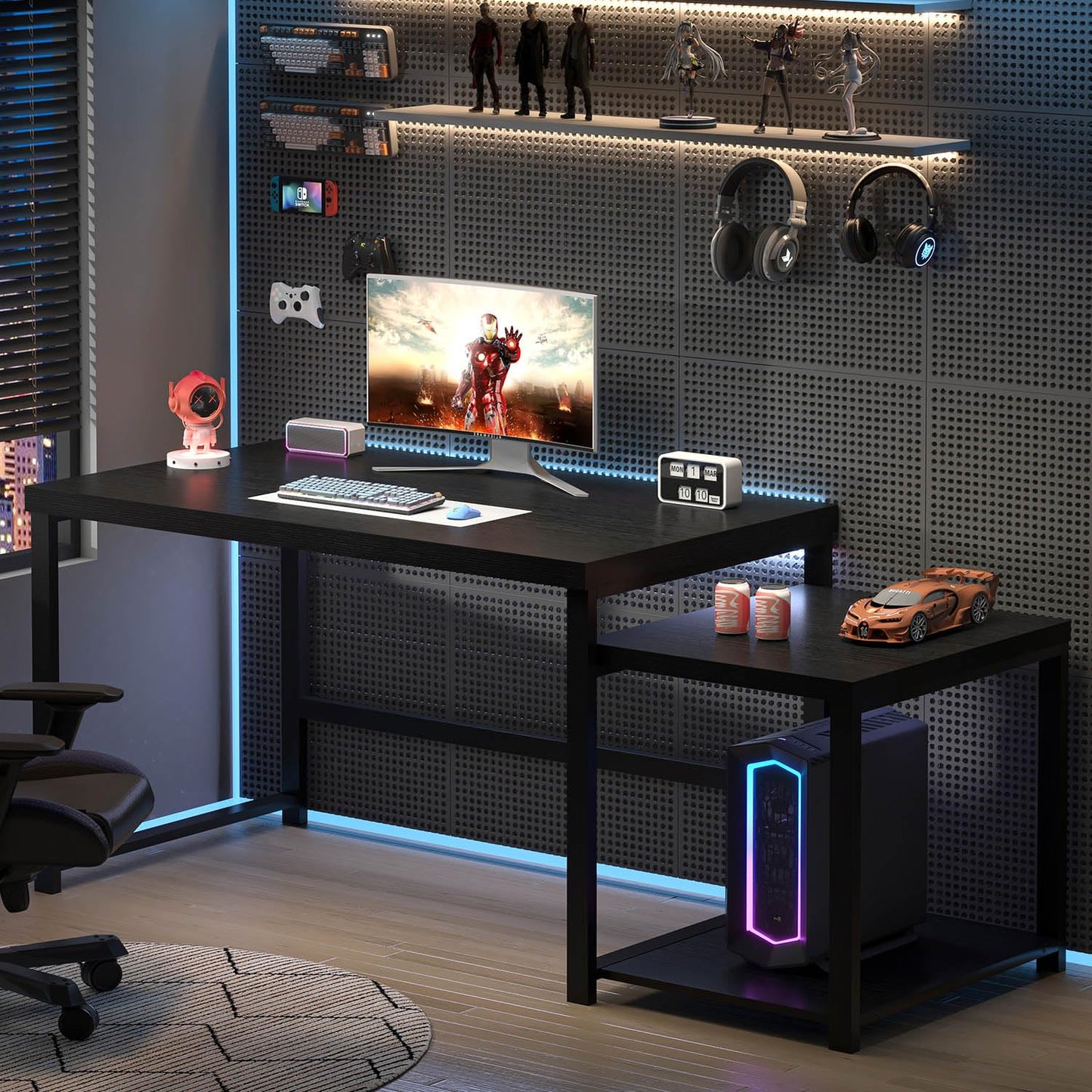 FOLUBAN Large Home Office Desk, Black Computer Desk with Storage Shelves, Modern Wood Writing Study Gaming Table for Bedroom Living Room, 63 Inch