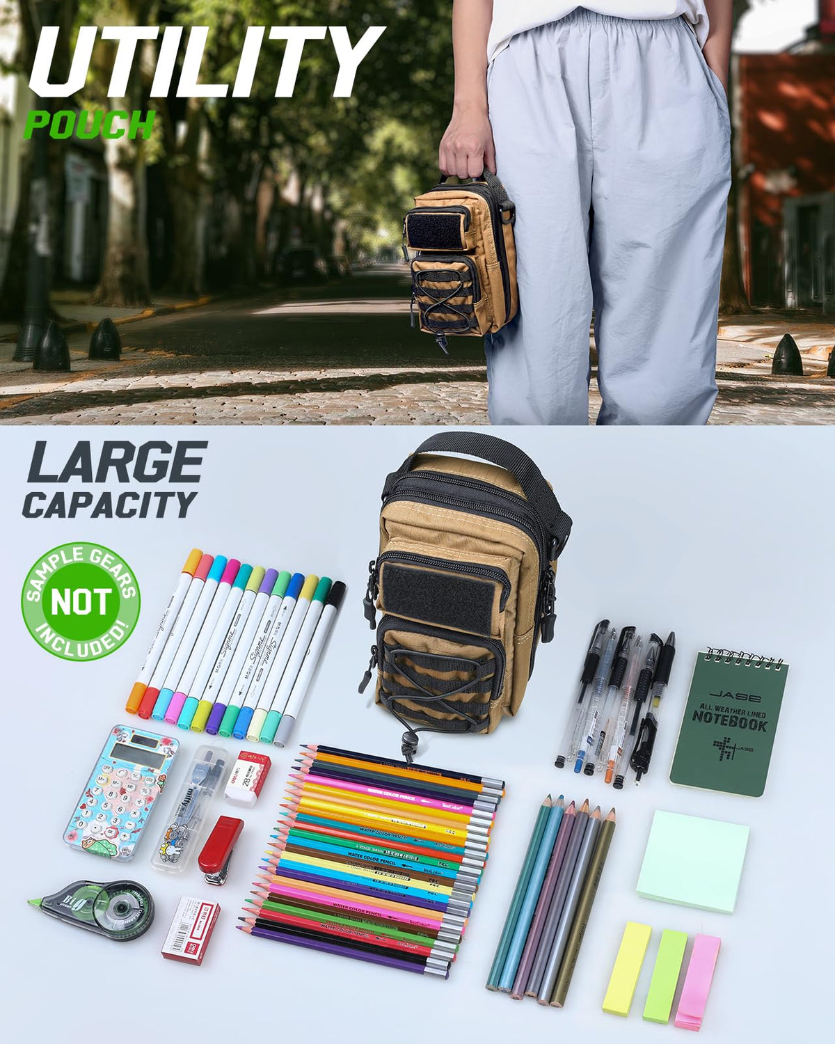 RXW Large Capacity Pencil Pouch for Boys, Tactical EDC Zippered Pencil Bag, Small Tool Pouch for Adults (includes US Flag Patch + 2 MOLLE Straps) (Coyote Brown)