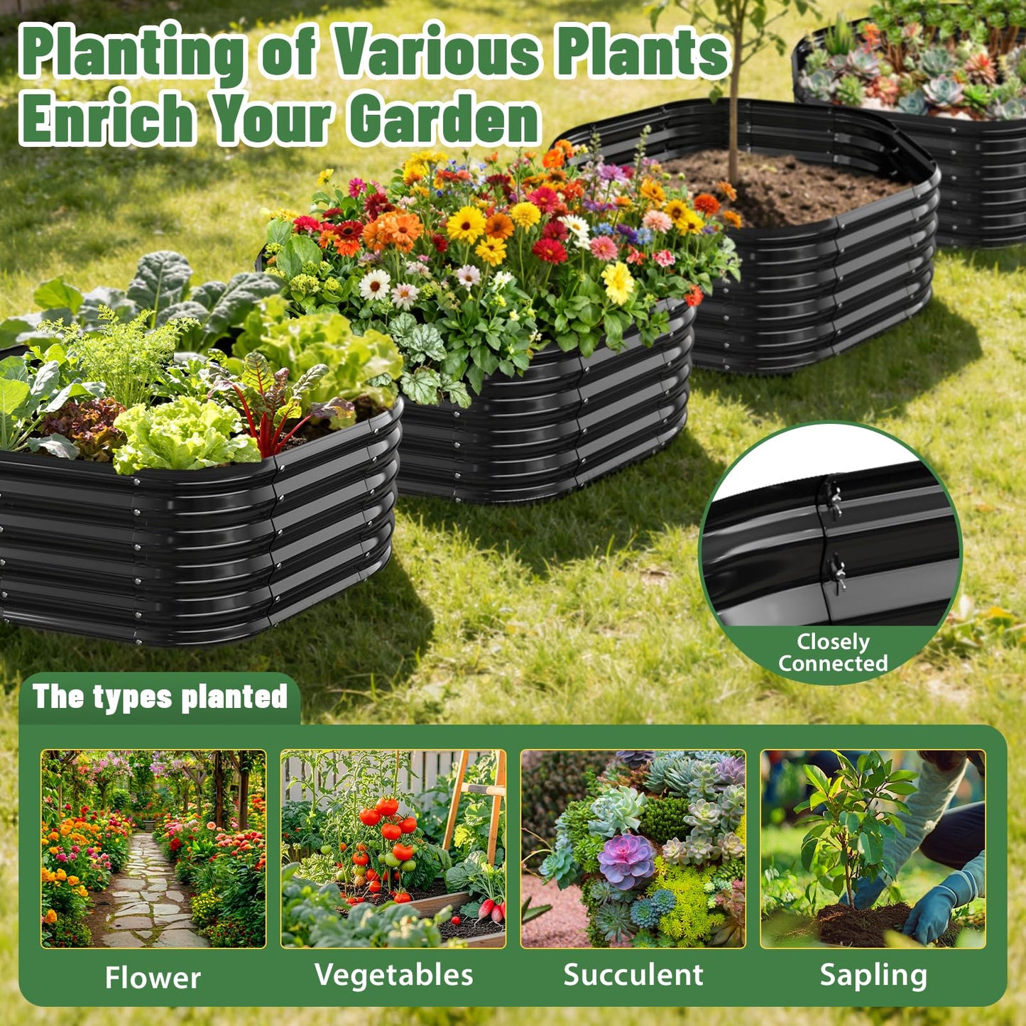 VAMFUTRE Hexagon Raised Garden Bed, 48 Inch Diagonal & 16.5 Inch Tall, Galvanized Steel Planter Box with Wave-Shaped Metal Panels for Outdoor Flower,Tree,Herb & Vegetable Garden (Black, 4FT X 1.5FT)