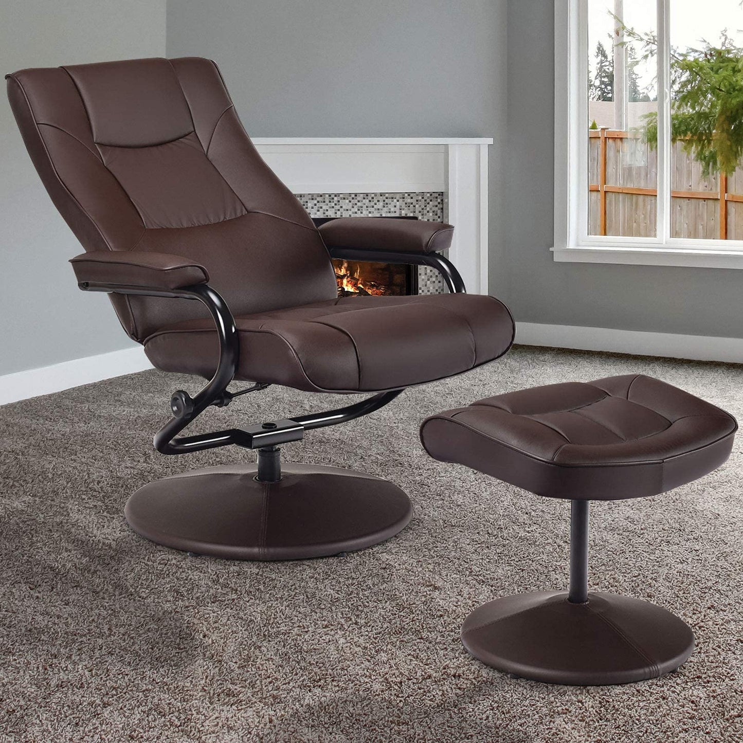WATERJOY Swivel Recliner Chair, PU Leather Lounge Armchair Recliner, 360 Degree Swivel Overstuffed Padded Seat Chair with Footrest Stool Ottoman Set for Office Living Room Brown