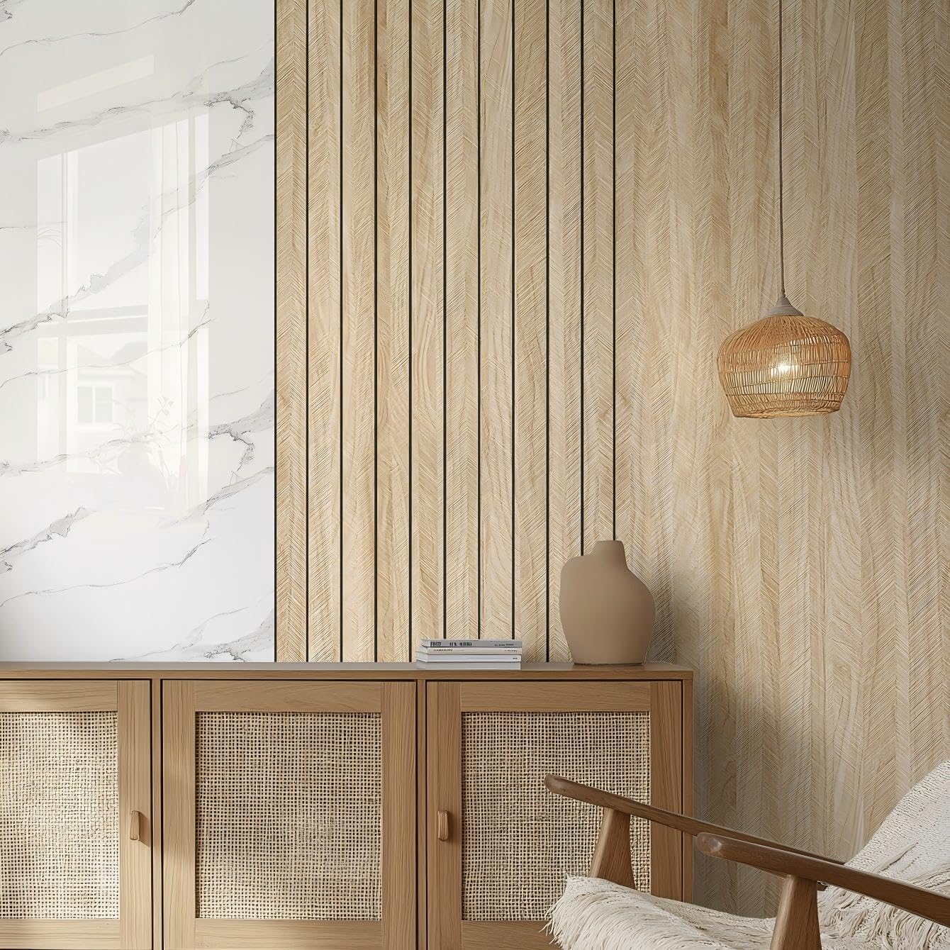 Chejiaye Wood Slat Peel and Stick 3D Wall Panel -23.6"x118"Soundproof Self-Adhesive Wall Sticker, Removable Thick PVC Slat Contact Paper for Kitchen, Bedroom,Ceiling Wall Decoration(Brown,19Sq.ft)