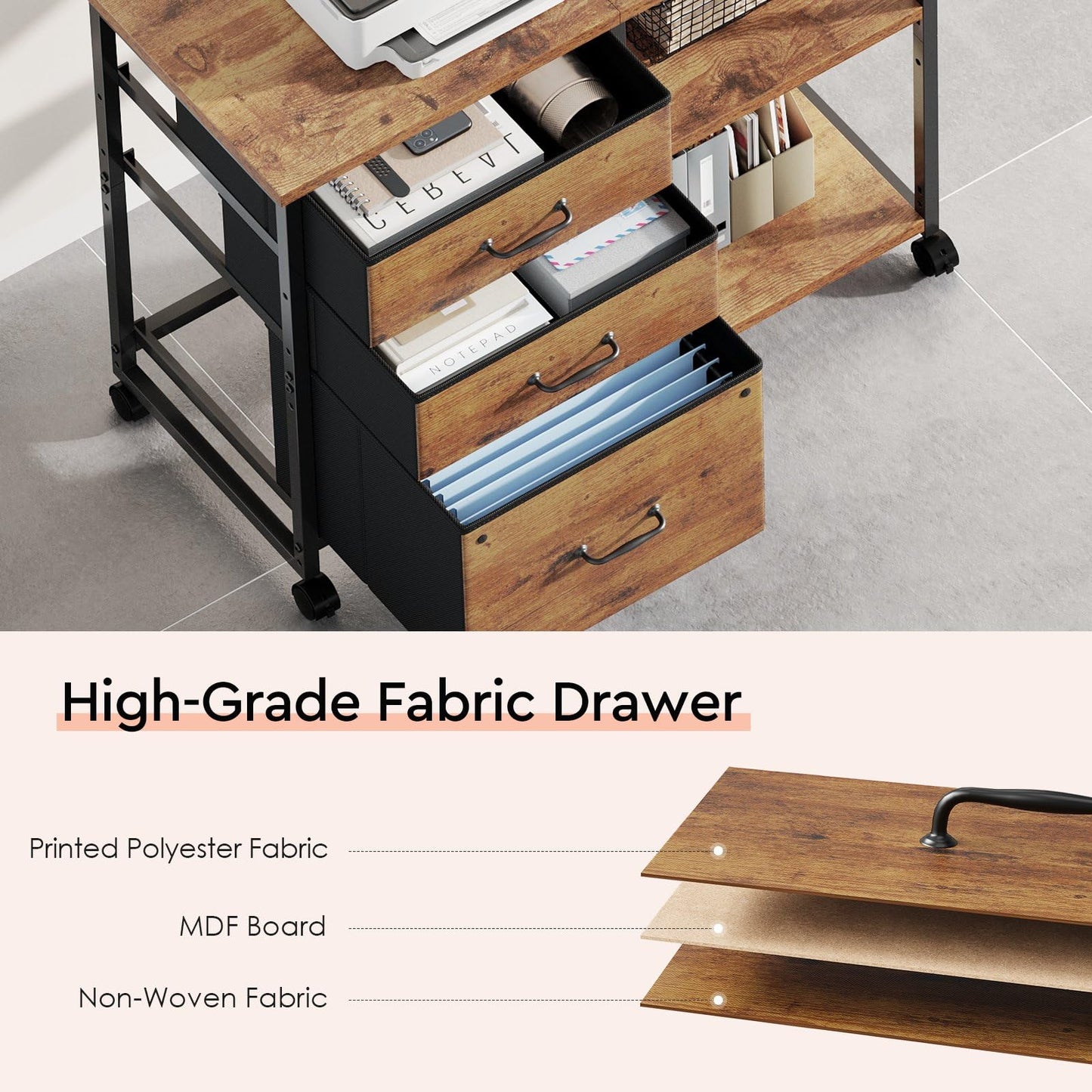 Maihail 3 Drawer File Cabinet with Wheels Rolling Printer Stand with Open Storage Shelf Fabric Lateral Filing Cabinet for Home Office,Rustic Brown2