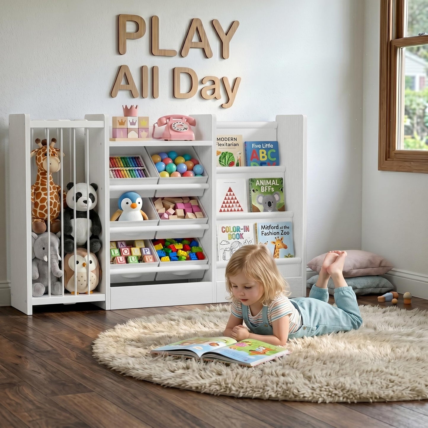BOLUO Kids Toy Storage Organizer with Bookshelf, 3-in-1 Kid Book and Toy Storage Holder Shelves for Baby Toddler Playroom Living Room White