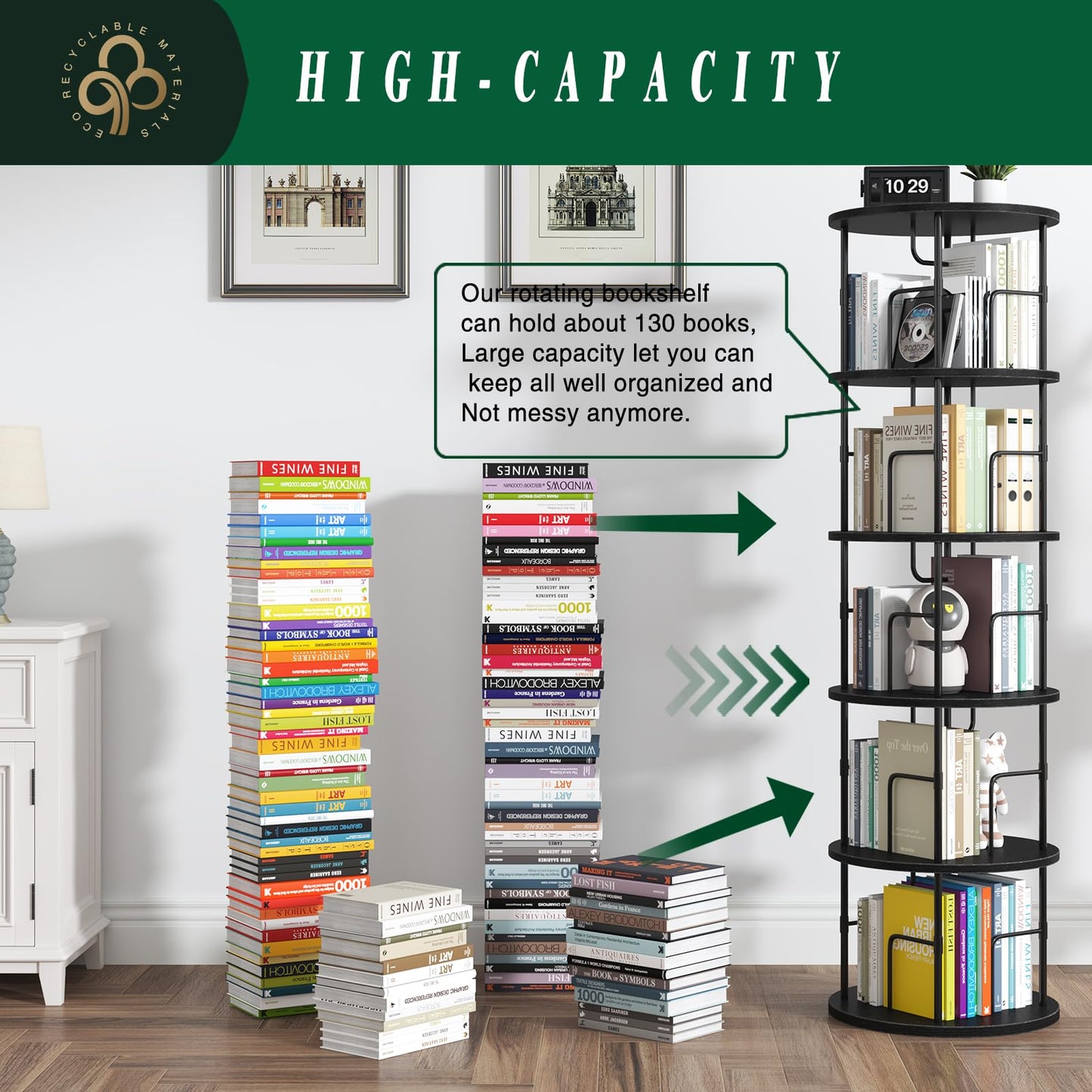 swlongbooks 5Tier Rotating Bookshelf, Spinning Bookshelf Tower,360 ° Display Space Saving Standing Round Swivel Bookcase Corner Storage Organizer for Bedroom Living Room Office，Black
