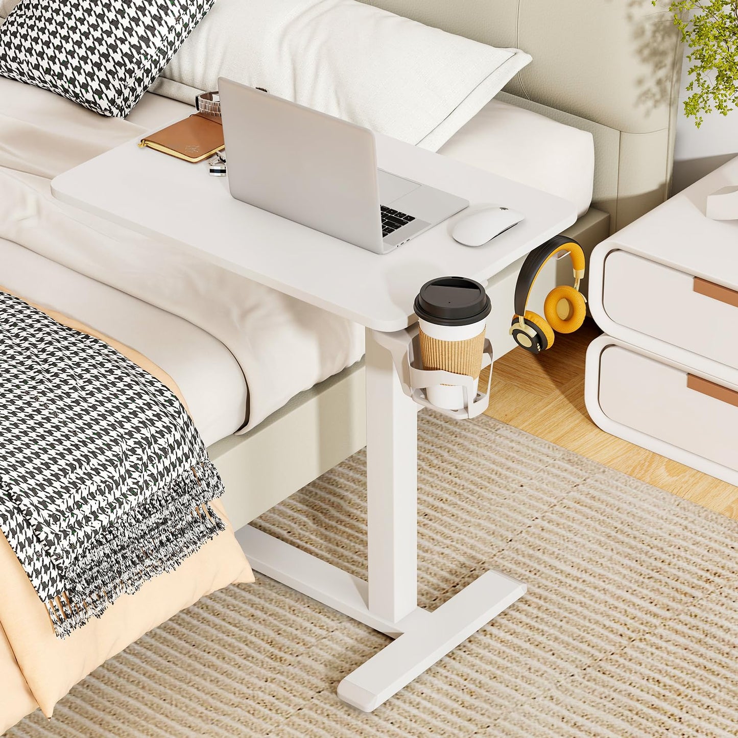 Tangkula Mobile Standing Desk, Pneumatic Height Adjustable Rolling Desk with Cup Holder & Headphone Hook, Overbed Table with Hidden Wheels, Laptop Computer Cart for Couch, Home, Office (White)