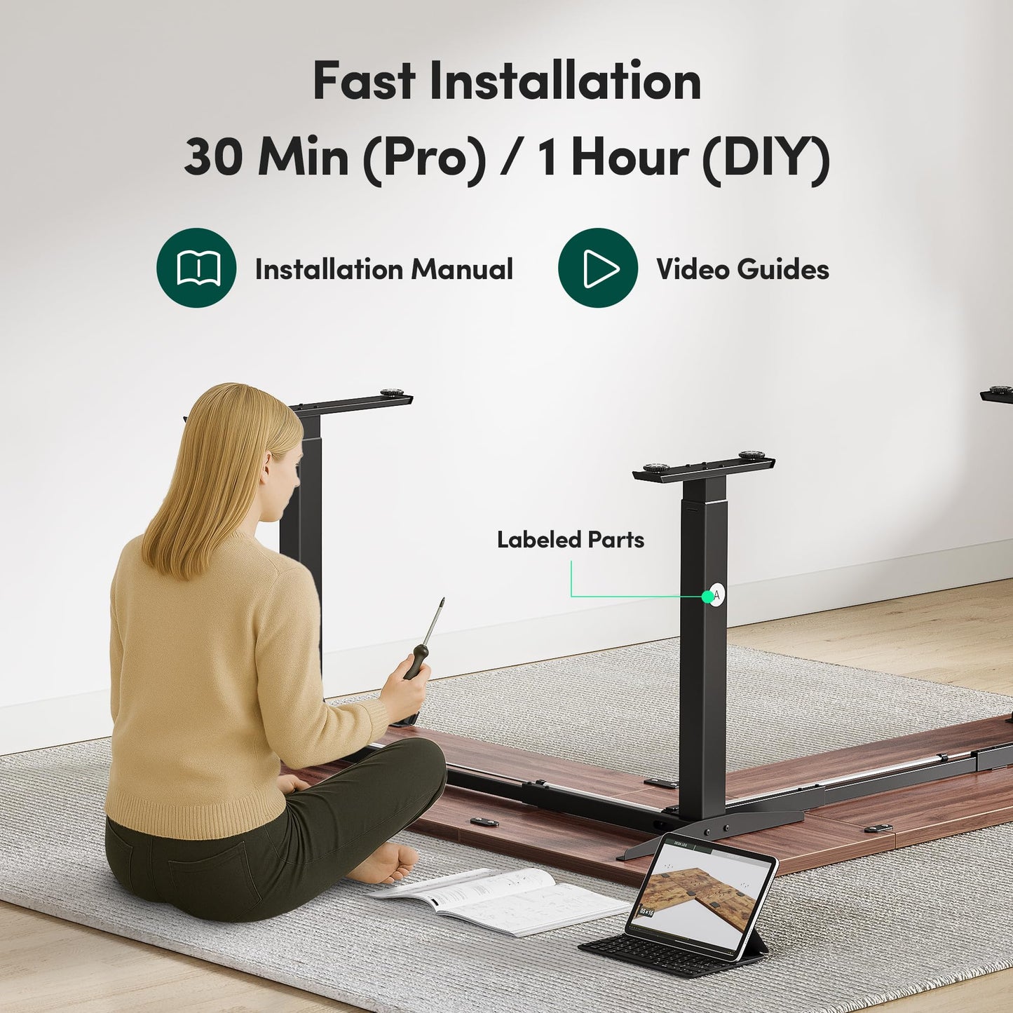 FEZIBO 63" x 55"L Shaped Standing Desk Adjustable Height, 63 Inch Electric Stand up Corner Computer Desk, Sit Stand Home Office Desk with Splice Board, Black Frame/Black Walnut Top