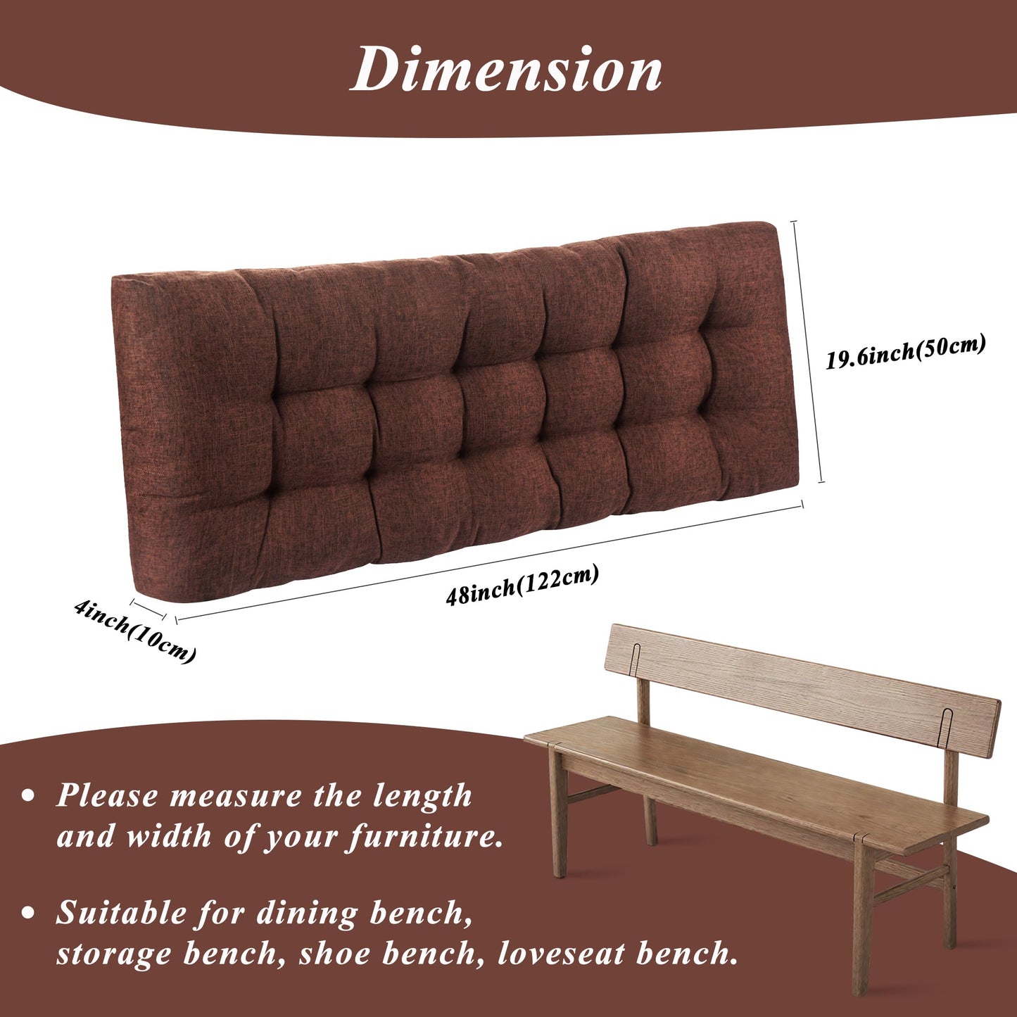 FlyGulls Bench Cushion for Indoor Furniture 48x19 inch Rectangle Bench Seat Cushion for Bay Window Entryway Bench Thick Textured Chair Cushion with Non-Slip Backing 1 Pack, Coffee
