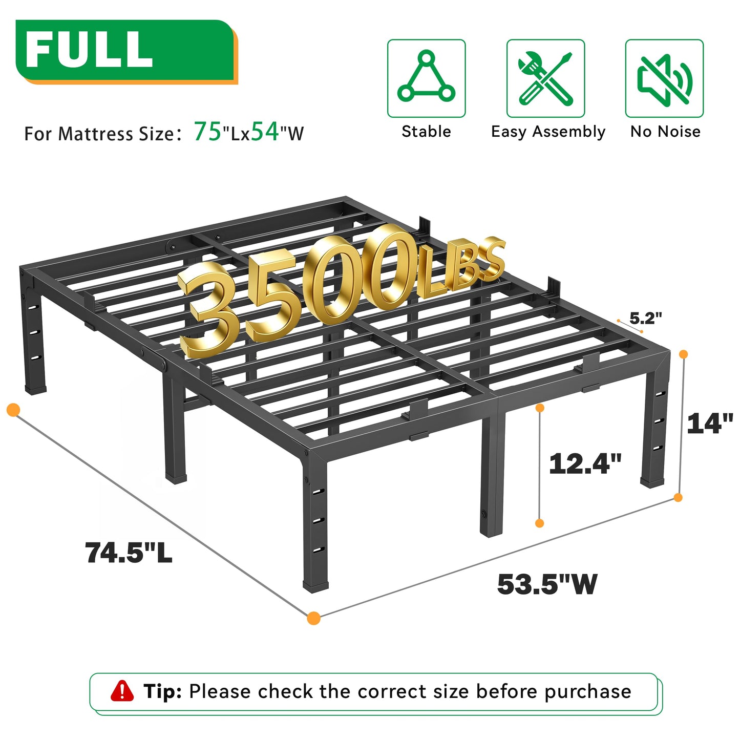 Anyroom 14 Inch Full Size Bed Frames, Heavy Duty Metal Platform 3500 lbs Capacity, No Box Spring Needed, 6 Mattress Slide Stopper, Headboard Holes, Noise-Free, Easy Assembly