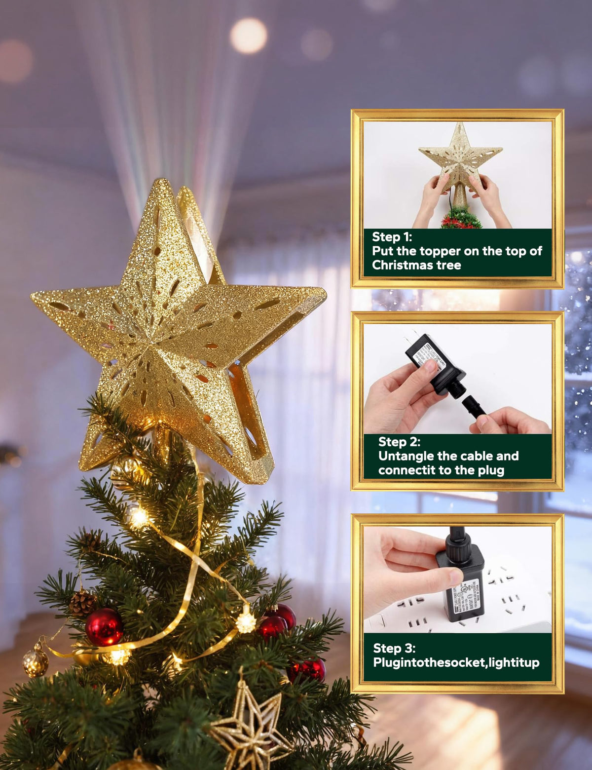 DG-Direct Christmas Tree Topper Lighted Star with 6 Projected Patterns,3D Hollow Sparkling Star Christmas Tree Topper with Rotating Magic Projector for Christmas Tree Ornament