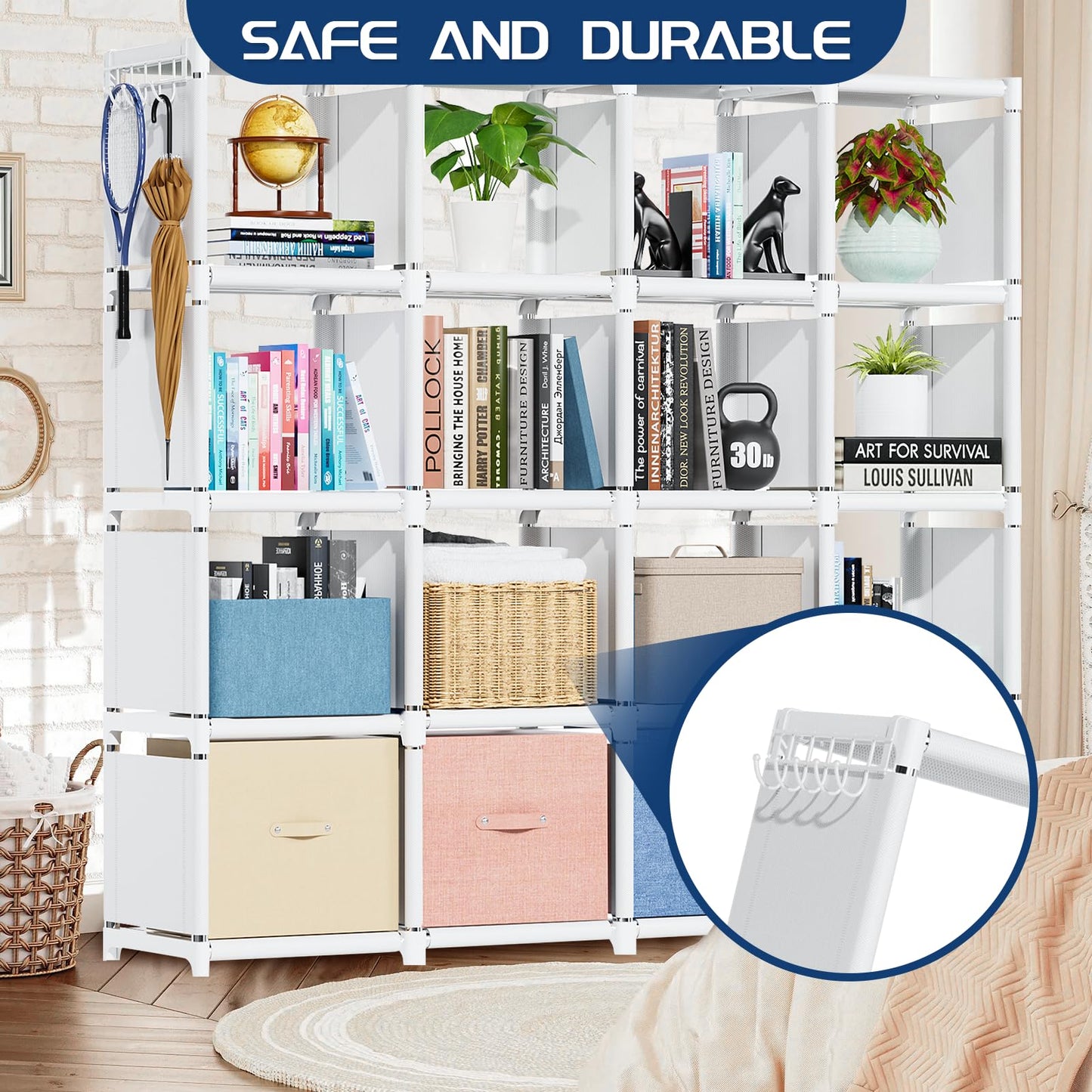 Mavivegue 16 Cube Storage Organizer Book Shelf, Metal Cube Bookshelf, DIY Bookcase, Tall Book Case for Bedroom, Living Room, Office - White