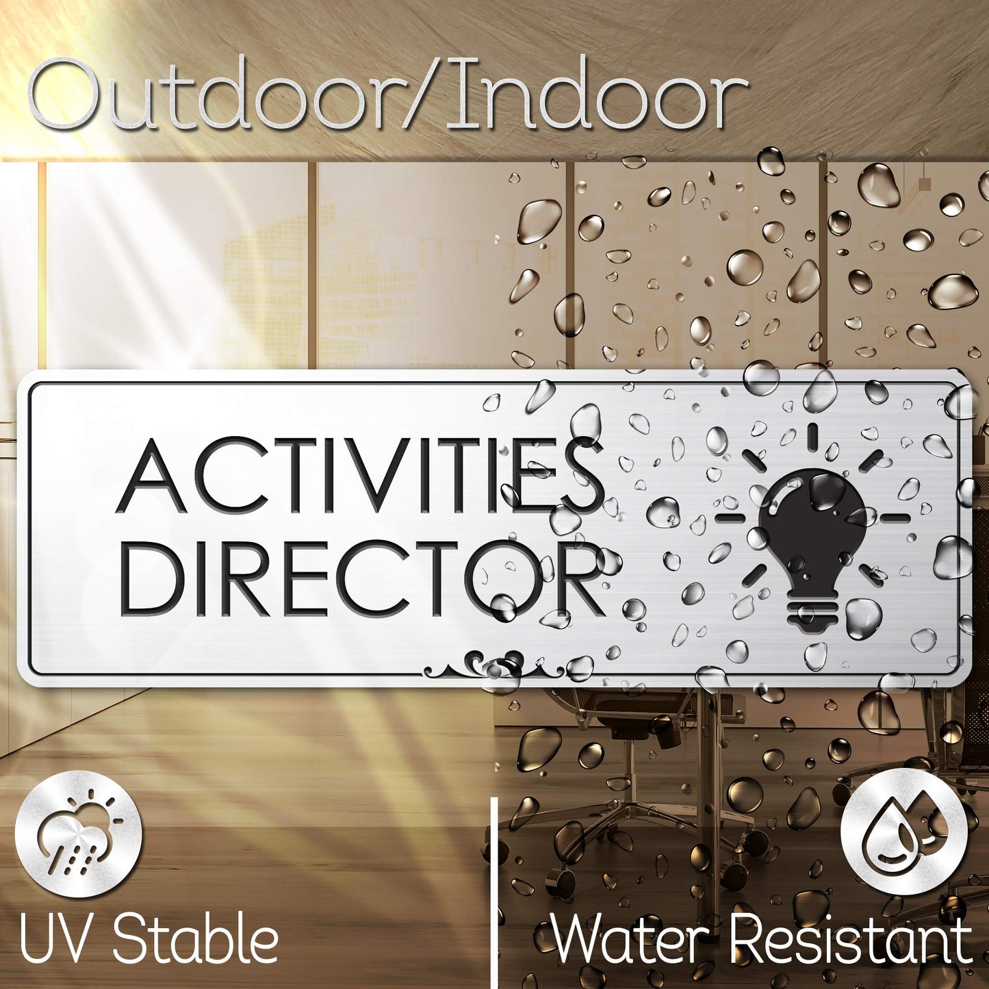 Activities Director Sign Funny Desk Gifts Sign, Brushed Silver, Engraved, 3" x 9", Fade Resistance, Indoor/Outdoor Use, USA MADE By My Sign Center