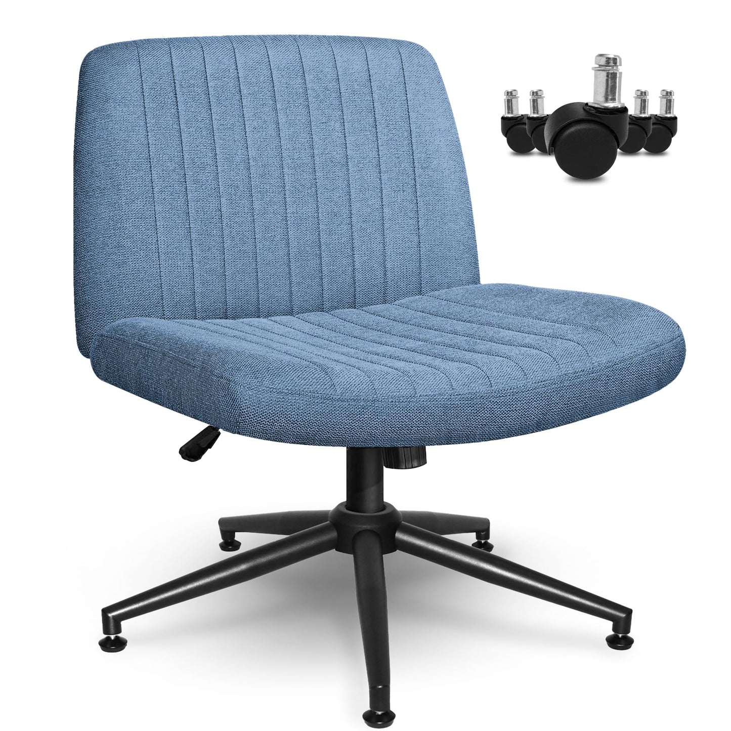 Orange Factory Criss Cross Chair Wheels Wide Cross Legged Office Desk Vanity Dual Base Comfy Fabric Armless Adjustable Swivel for Home Computer Task (Blue Dual Base, Fabric)