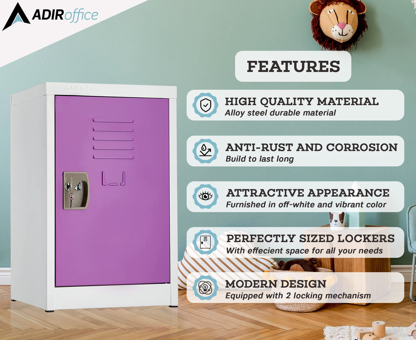 AdirOffice Kids Steel Metal Storage Locker - for Home & School - with Key & Hanging Rods (24 in 1 Door, Purple)