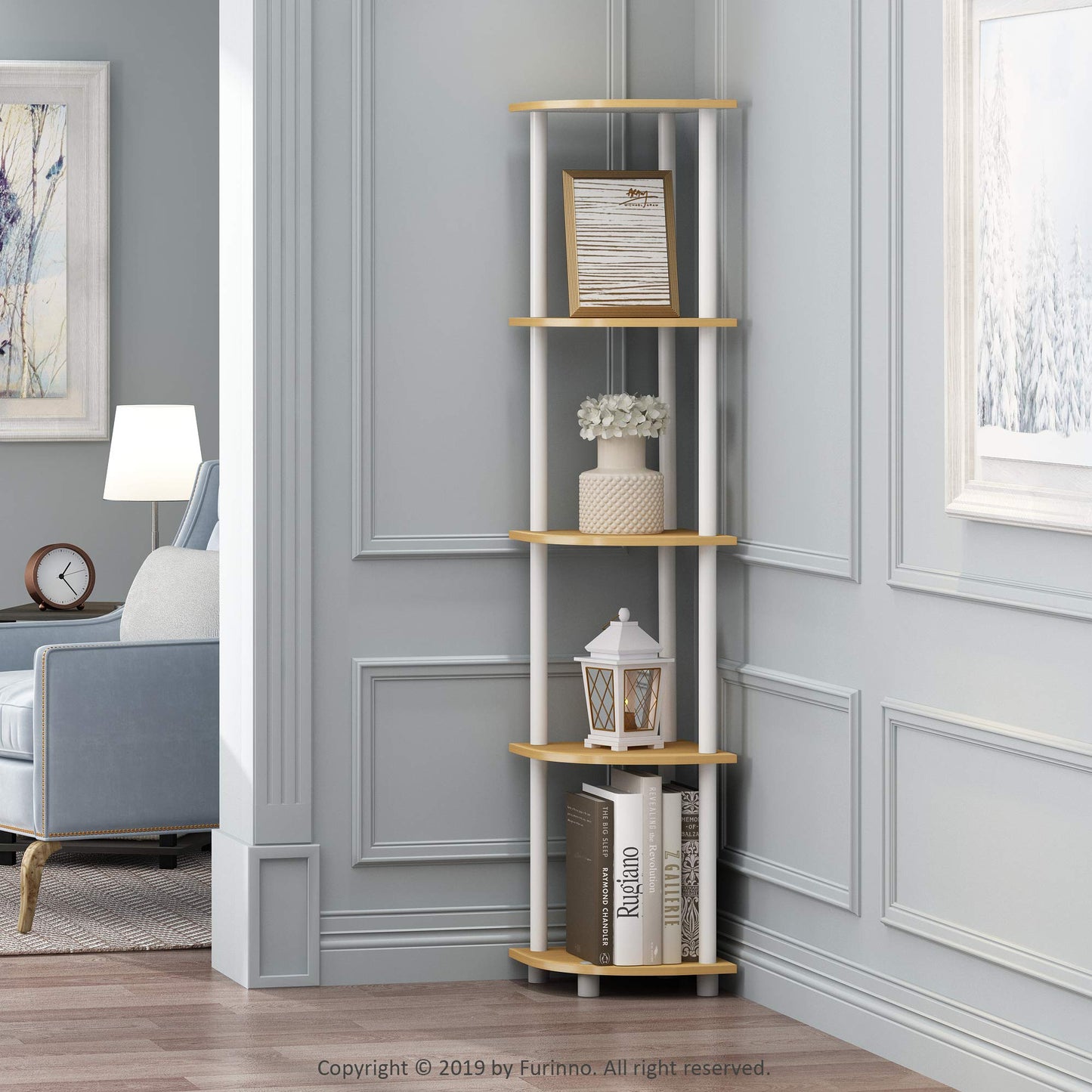 Furinno TURN-N-TUBE Corner Shelf, 5-Tier Corner Bookshelf, Open Storage Shelves, for Organization and Storage, Living Room, Home Office, Garage, Bedroom, Beech