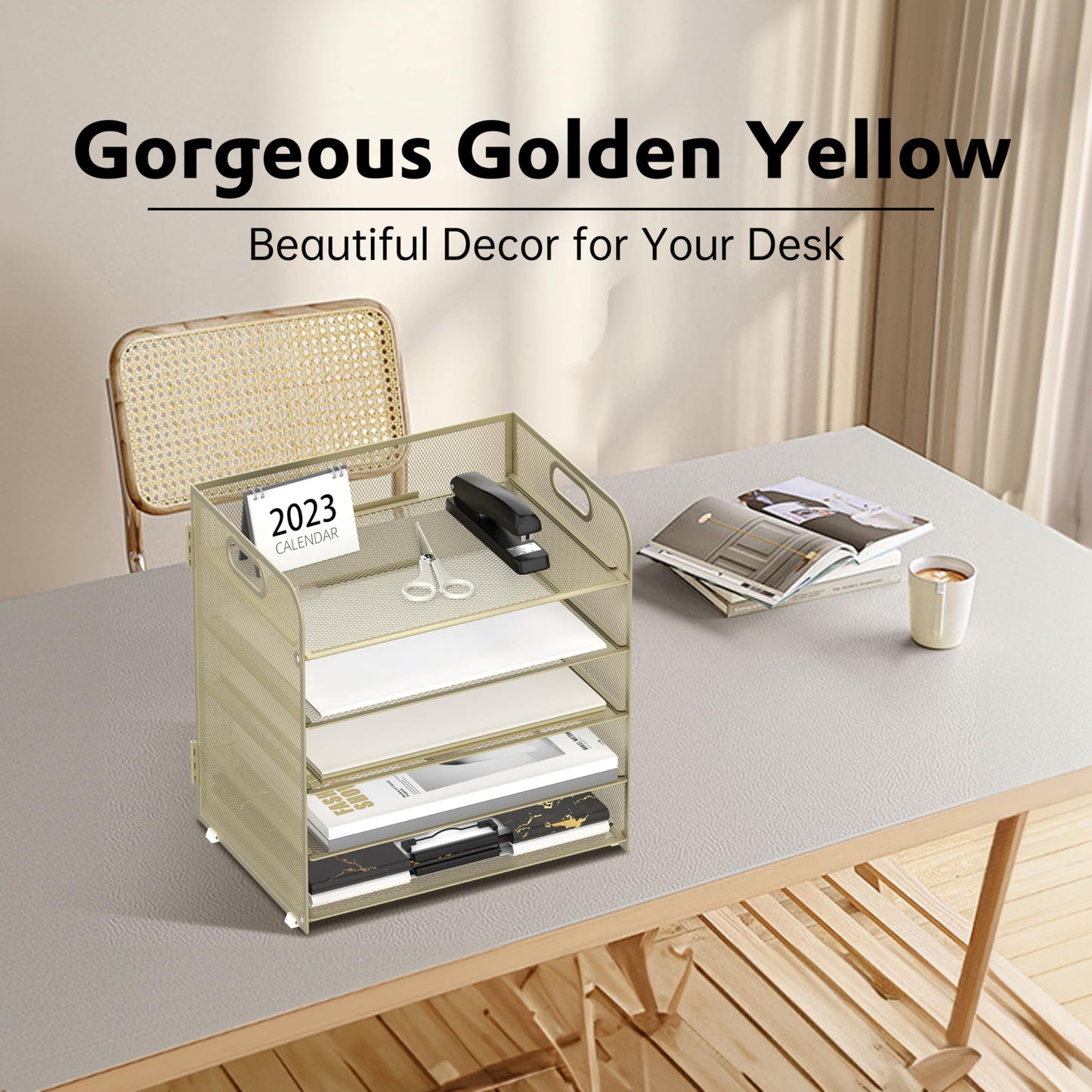 Supeasy 5 Trays Paper Organizer Letter Tray with Handle-Mesh Desk File Organizer,Pink Paper Sorter Desk Organizer for Office, Home or School (Gold Yellow)