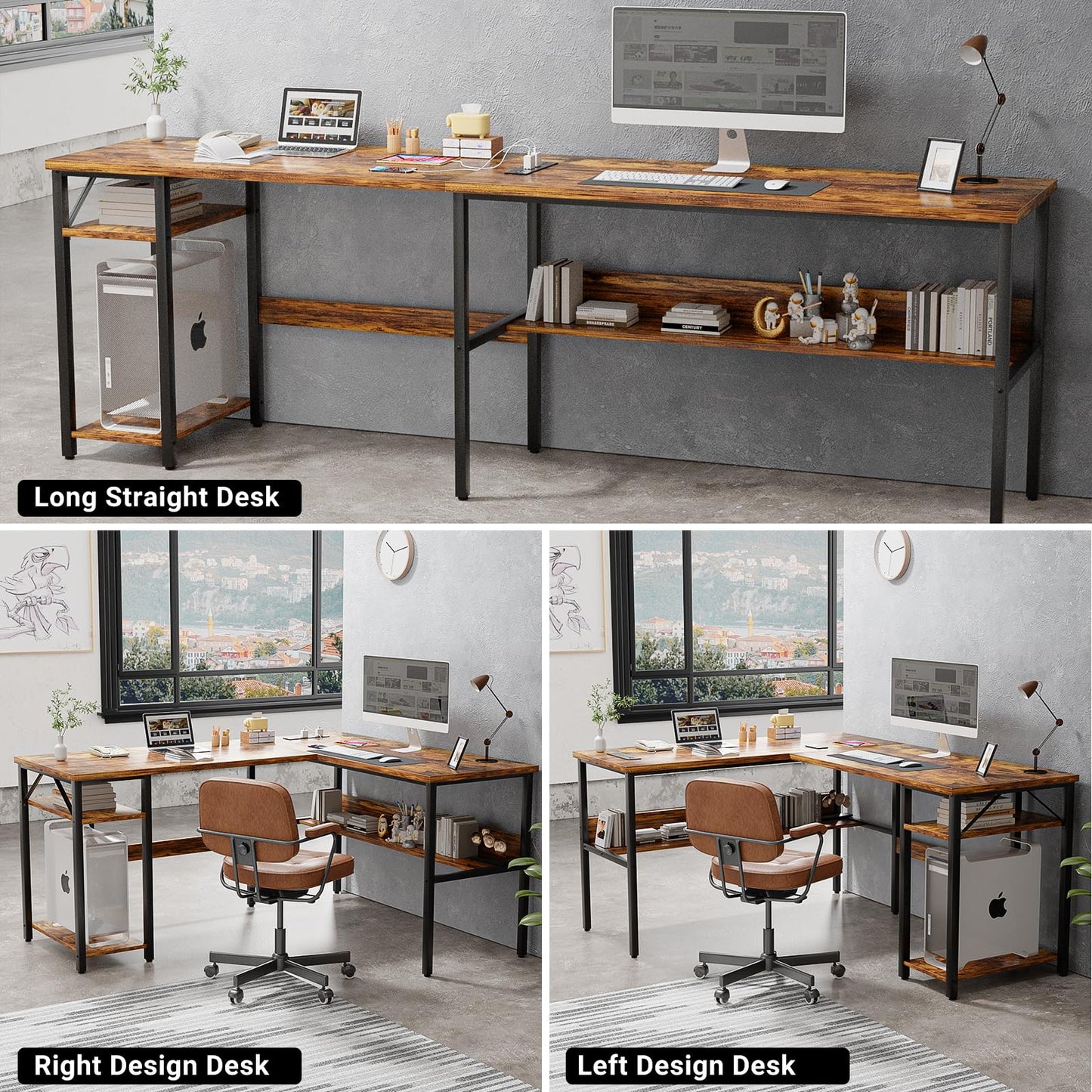Unikito L Shaped Computer Desk with Magic Power Outlets and USB Charging Port, Sturdy Reversible Corner Desk with Storage Shelves, Modern Work Desk for Home Office, Easy to Assemble, Rustic Brown
