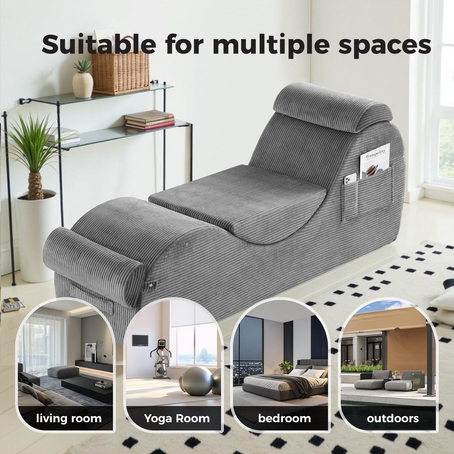 Yoga Chairs for Adults, Ergonomic Chaise Lounge Chair Indoor with Side Pocket, Lumbar Pillow, Ottoman, Yoga Chair Perfect for Stretching, Relaxation, Exercise, Used in Bedroom, Living Room（Grey）