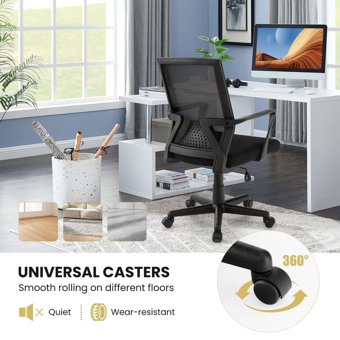 Giantex Office Desk Chair with Lumbar Support, Ergonomic Mesh Office Chair with Wheels and Armrests, Mid Back Rolling Swivel Adjustable Task Chair, Executive Computer Chair for Home Office, Black
