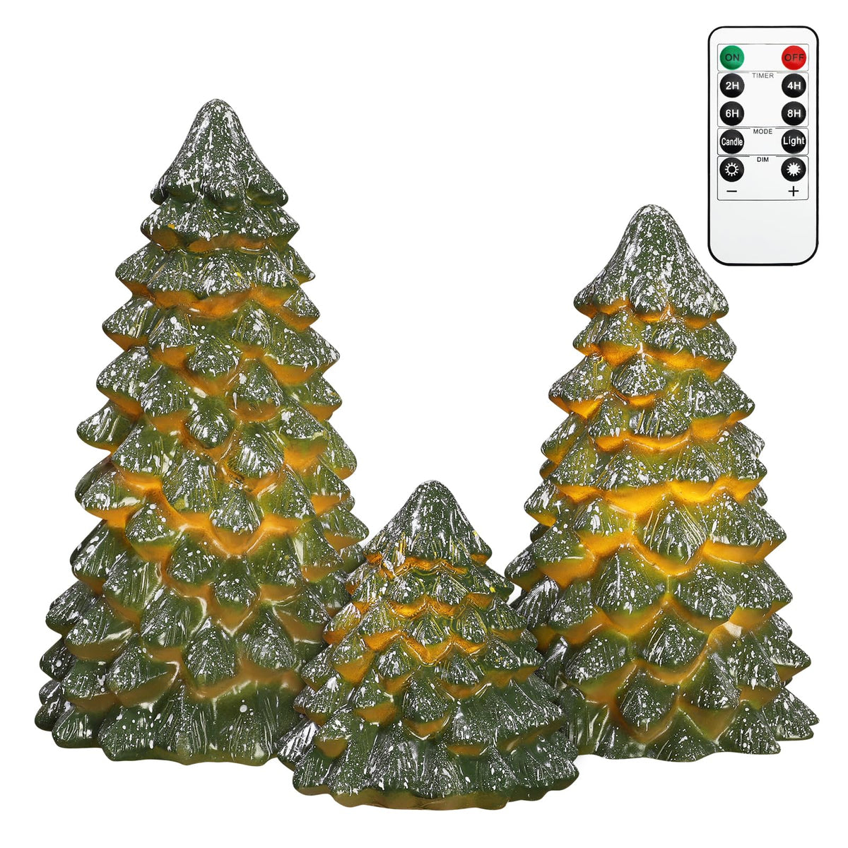 Green Christmas Tree Figurines Hand-Painted Tabletop Tree Flameless Candles Real Wax Flickering LED Battery Operated with Remote Lighted Christmas Tree Decoration for Shelf Fireplace Mantel Holiday