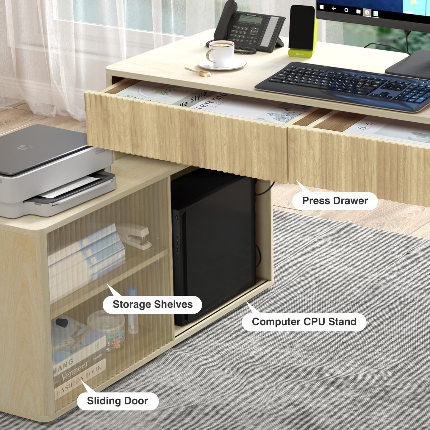 Giratree Modern Computer PC Desk Table with Storage, Corner L Shaped Desk with Drawers, Home Office Desk for Bedroom and Small Space, for Writing, Executive, Study, Work, Vanity - Natural