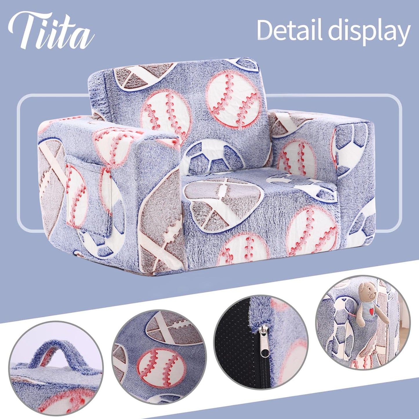 Tiita Kids Sofa, 2-in-1 Kids Sofa Chair, Convertible Toddler Couch to Lounger, Flip Out Baby Sofa Chair, Toddler Armrest Chair Bed, Folding Kid Play Sofa for Girl or Boy(Ball)