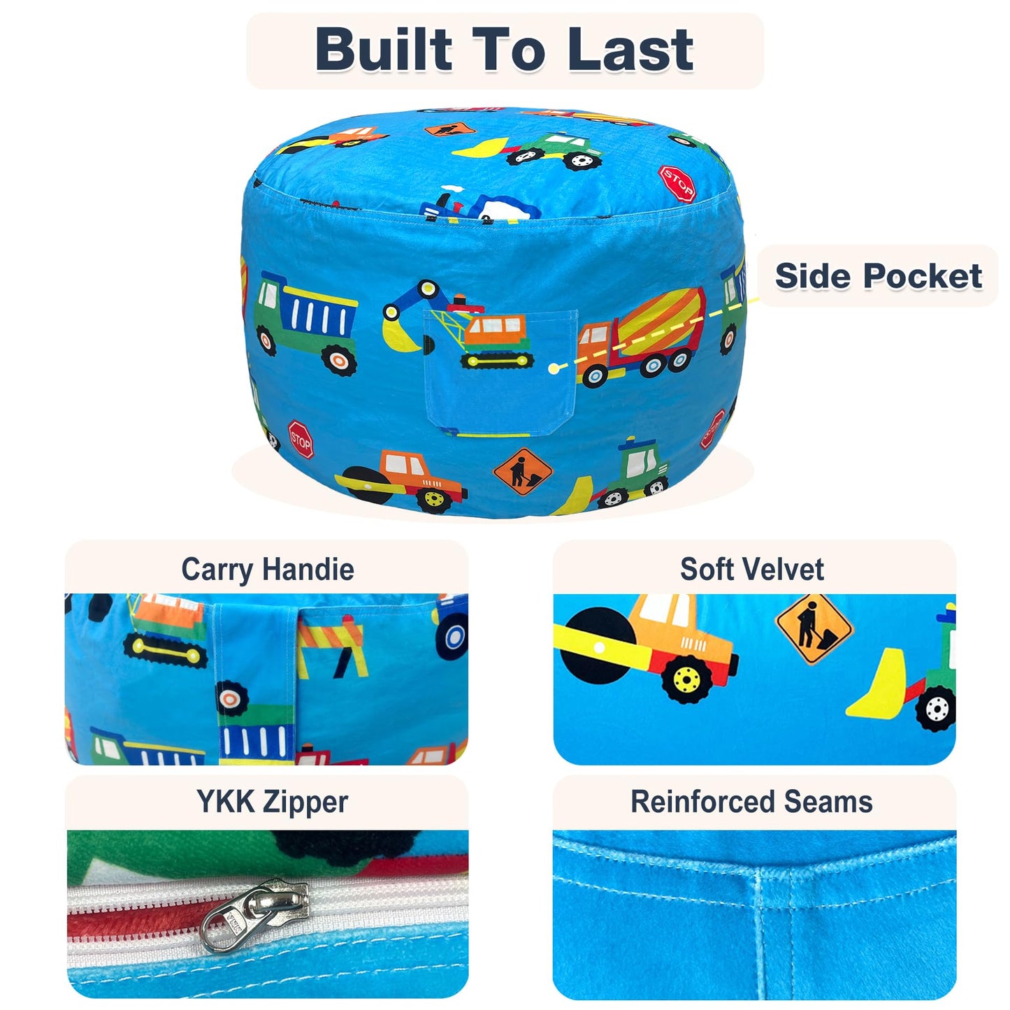 Lukeight Construction Stuffed Animals Storage Bean Bag Chair Cover for Kids, Cozy Velvet Plush Toy Organizer Seat, Cover Only, No Filling Included, Long YKK Zipper, Side Pocket, Large 27 x 16 in