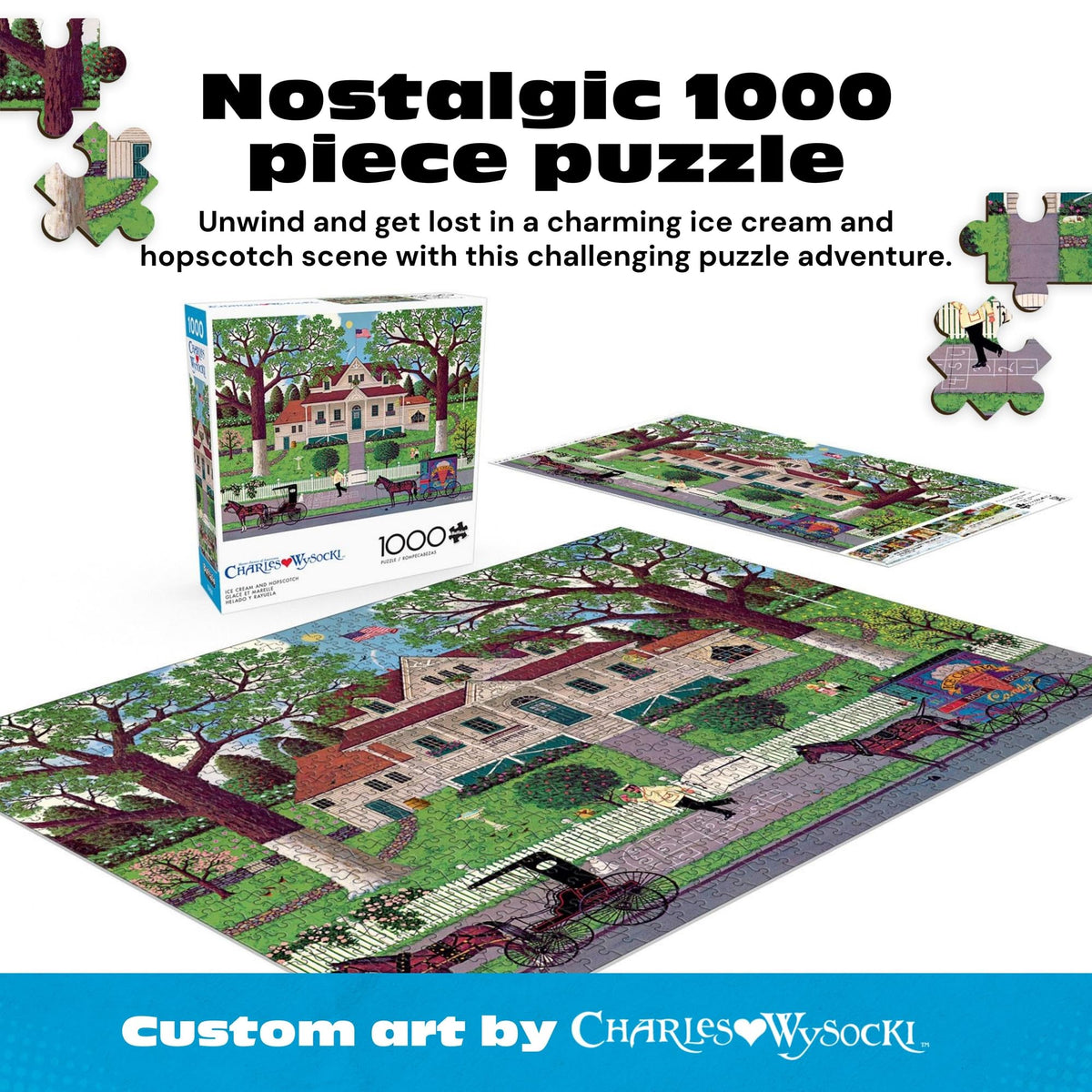 Buffalo Games Charles Wysocki - Ice Cream & Hopscotch - 1000 Piece Jigsaw Puzzle - 26.75 x 19.75 in, Bonus Poster - Adult Jigsaws - Recycled Board - 1000 Piece Puzzle for Adults