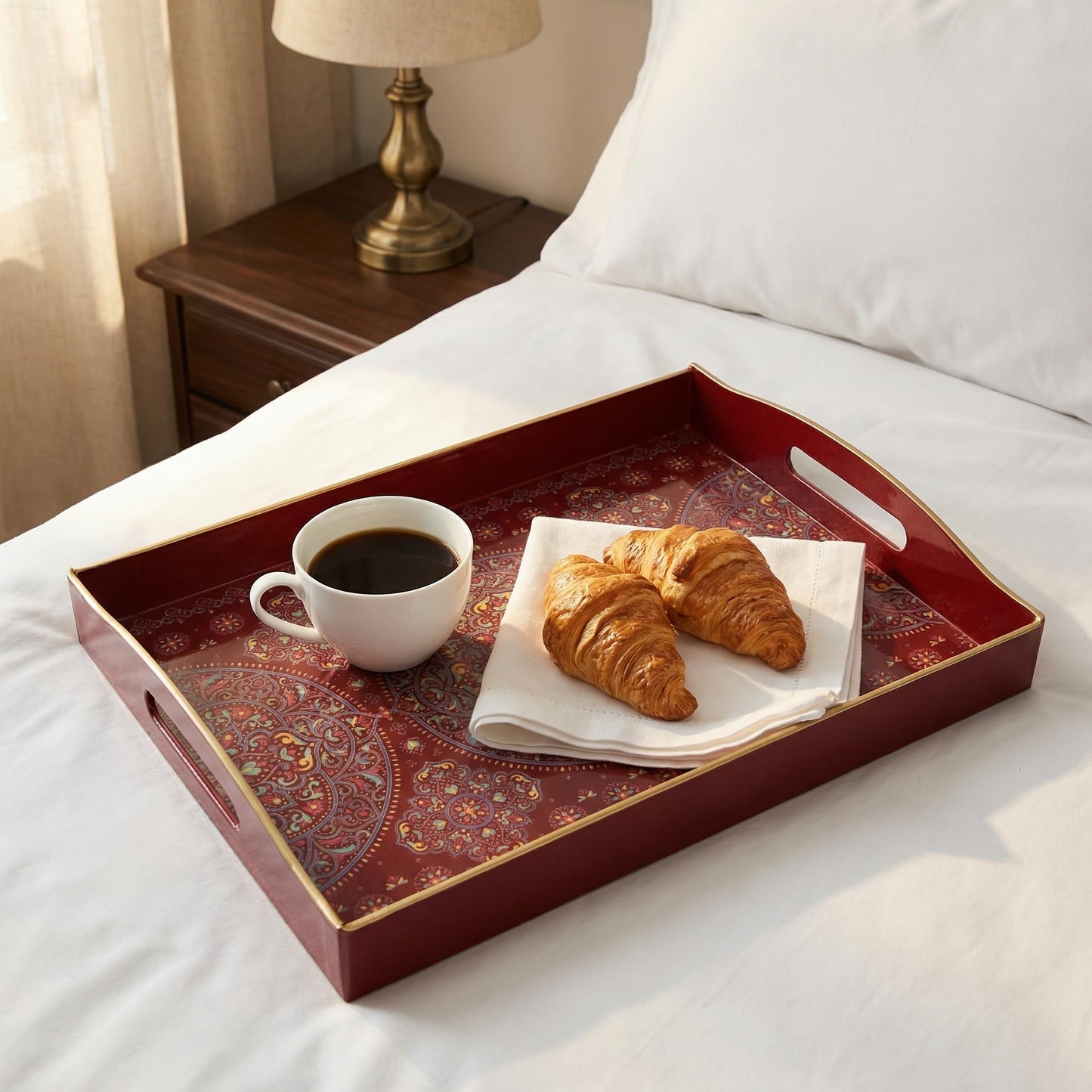 Umisriro Boho Red Decorative Tray, Serving Tray with Handles, Plastic Tray for Coffee Table, Ottoman - Ideal for Living Room & Bathroom. 15” x 11” x 2.5”