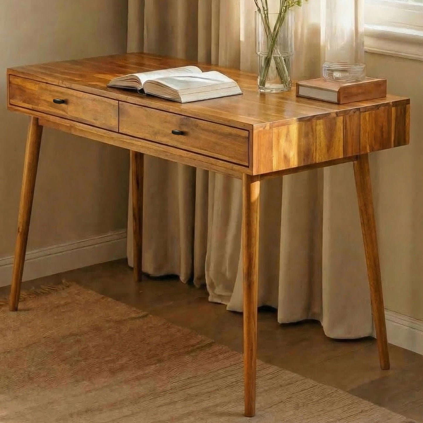 Acacia Lagom 48" Solid Wood Work Desk with Drawers, Office Furniture, Scandinavian Style Work Table for Home Office (Caramel)