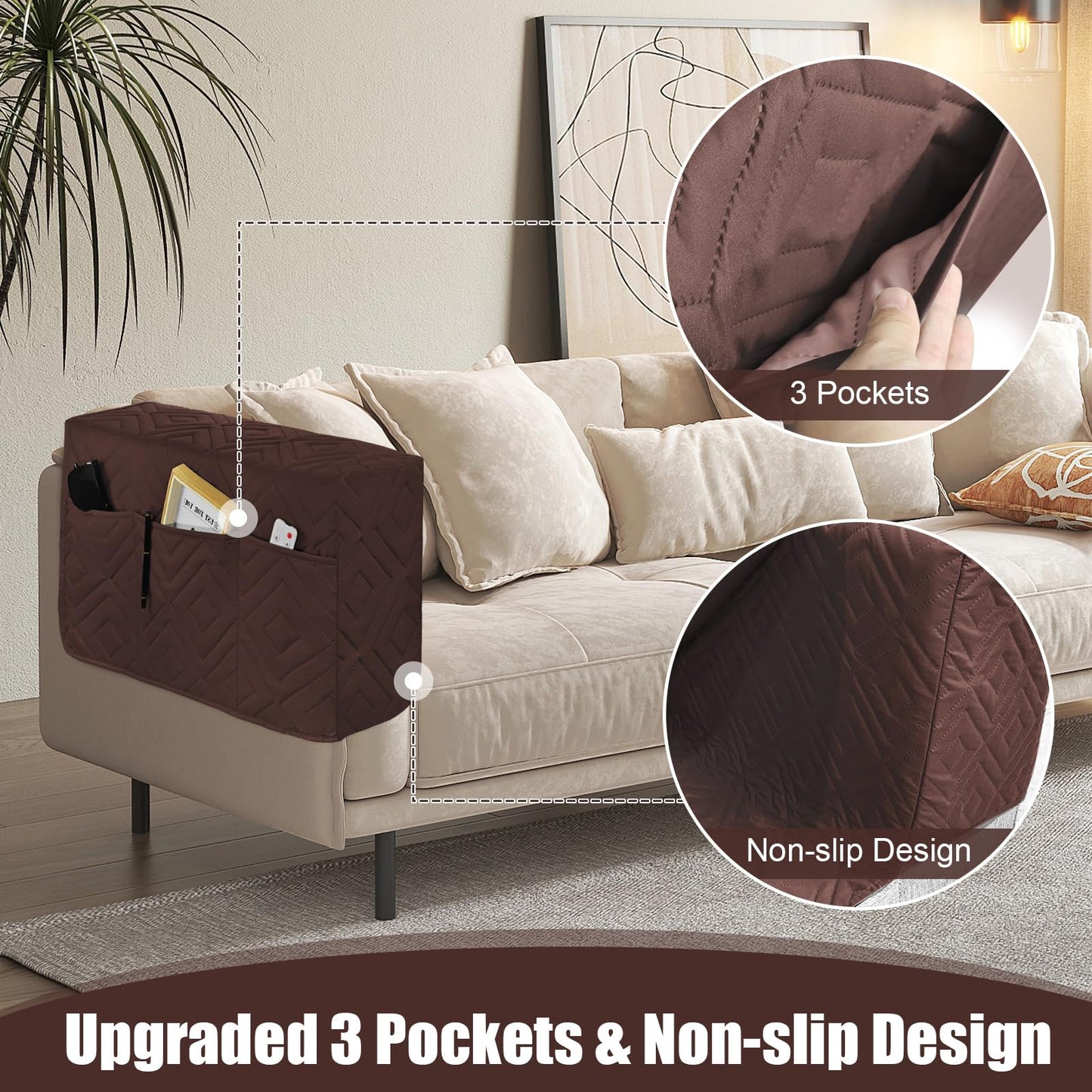 Armrest Covers, 2Pack Waterproof of Recliner Chair Arm Covers with Side Pockets, Washable Armrest Slipcovers Scratch Couch Cover Sofa Covers for Arm of Couch for Remote Control Holder, Phone, Magazine