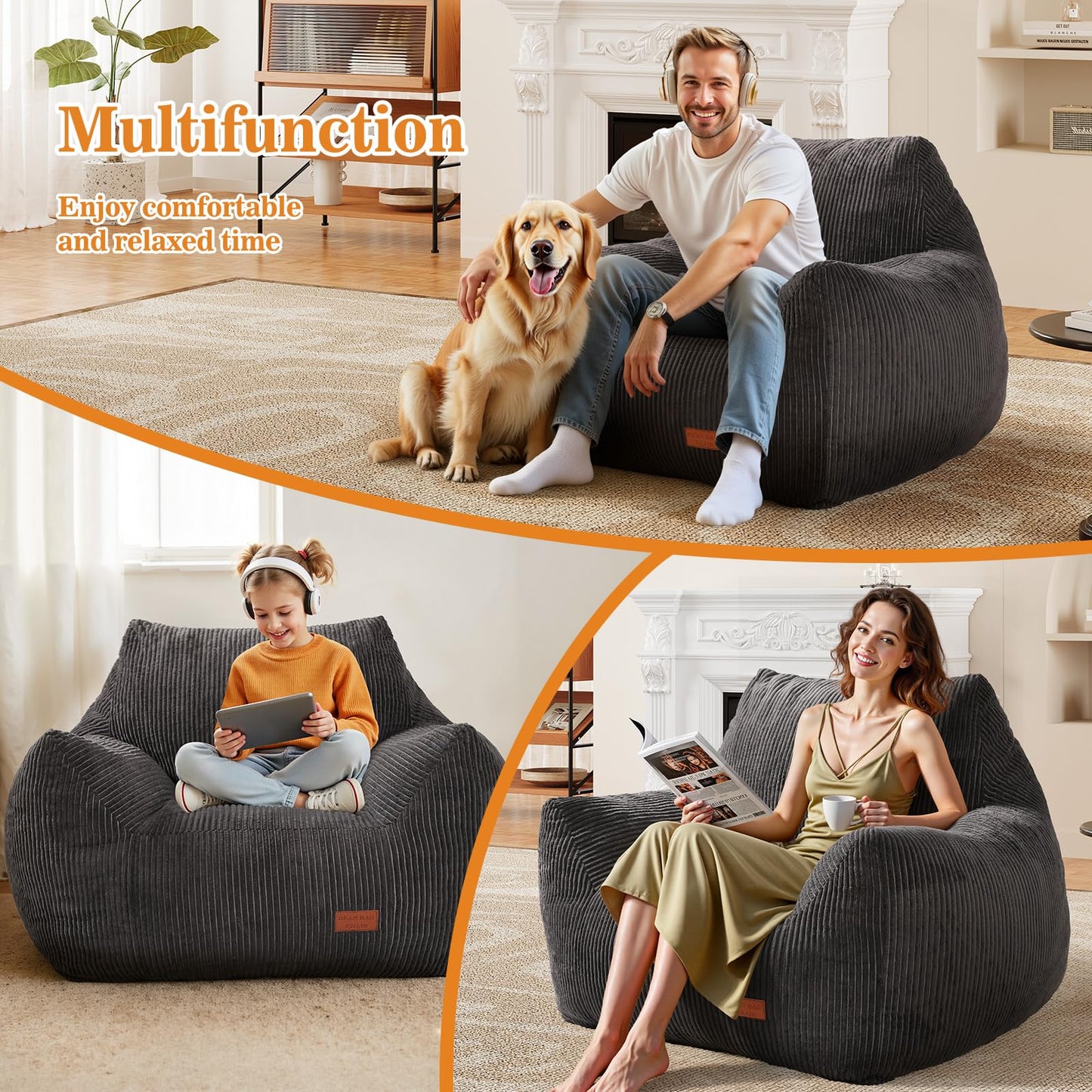 Vellorise Big Bean Bag Chair for Adults, Ultra Soft Living Room Bean Bag with Armrests & Ottoman, Stuffed BeanBag Chair for Napping, Gaming, Vacuum-Compressed for Easy Gifting, 48h to Expand Dark Gray