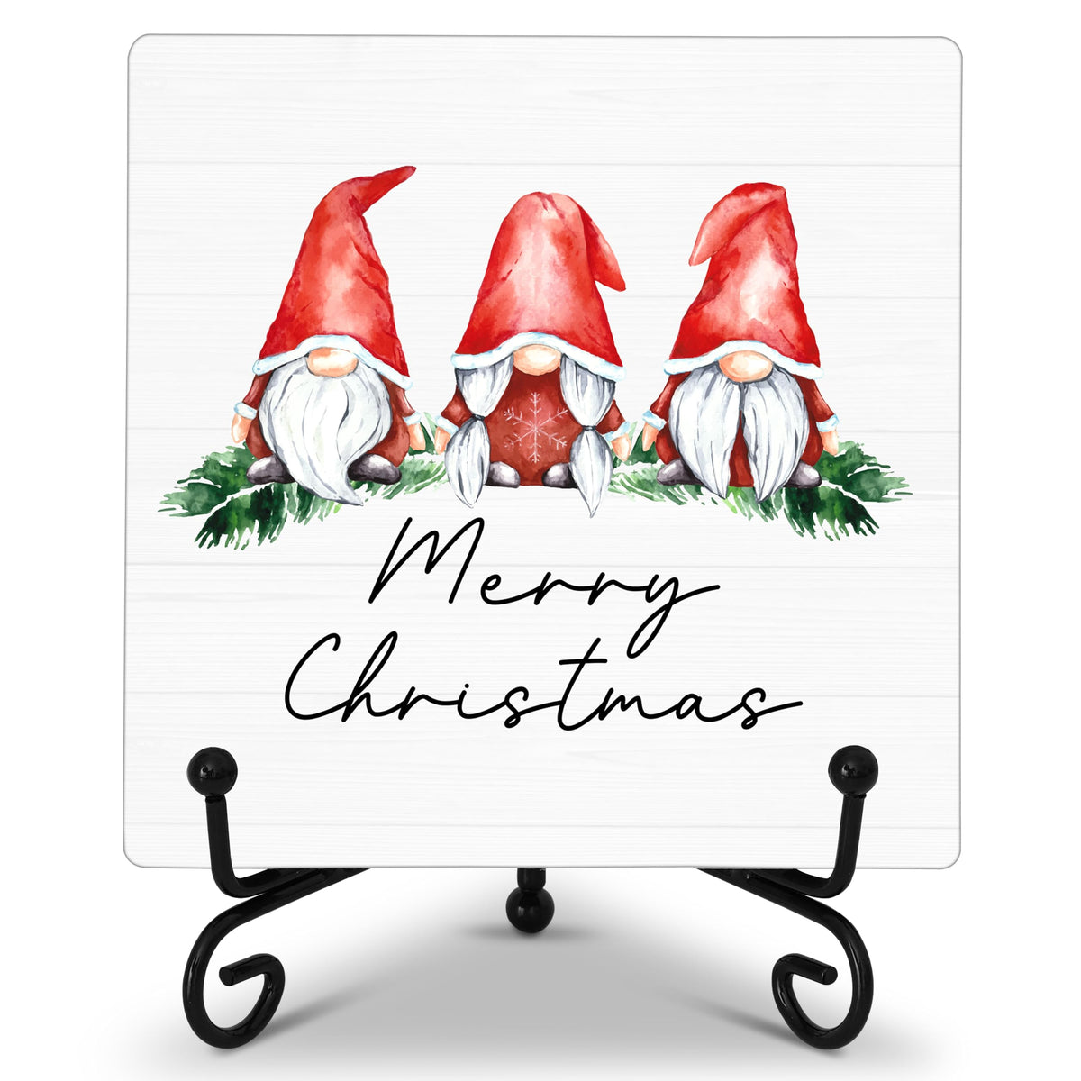 Cazhes Christmas Gnomes Wooden Decor, Merry Christmas Sign Decorations for Home Bedroom, 5x5 Inches Xmas Gnomes Decor with Iron Stand, Birthday New Year Gifts-G12