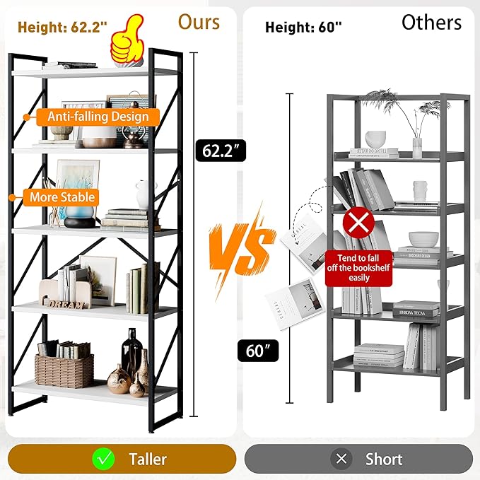 Shintenchi 5 Tiers Bookshelf, Classically Tall Bookcase Shelf, Industrial Book