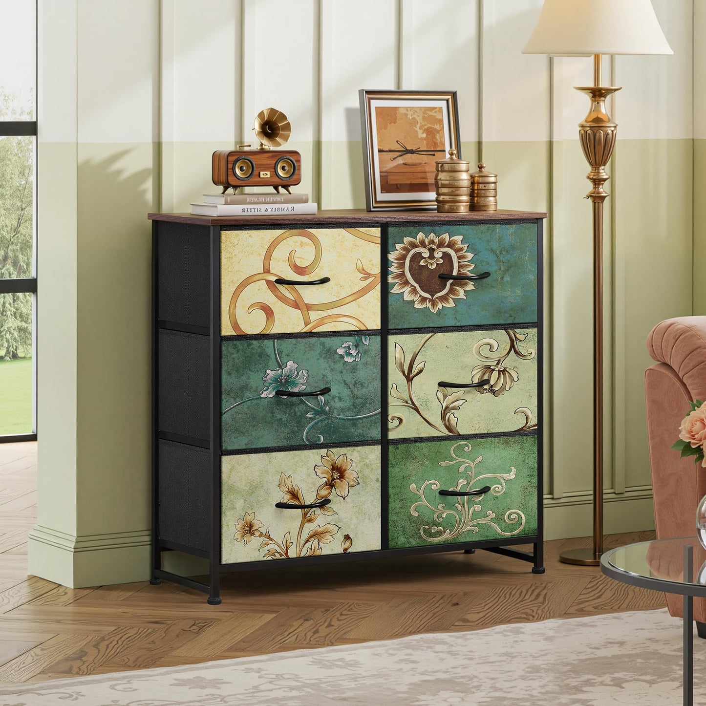 WLIVE Dresser for Bedroom with 6 Fabric Drawers, Closet Dresser with Metal Frame, Wooden Top, Chest of Drawers for Closet, Living Room, Hallway, Floral Painted